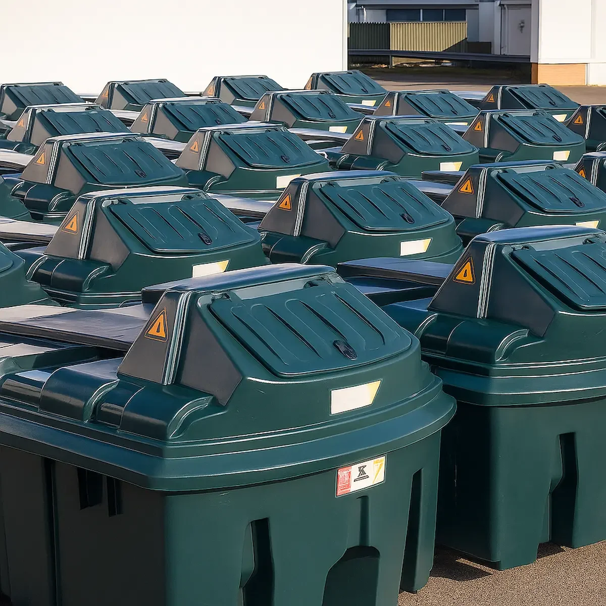 Multiple green garbage bins lined up outdoors, with a building and a fence in the background.