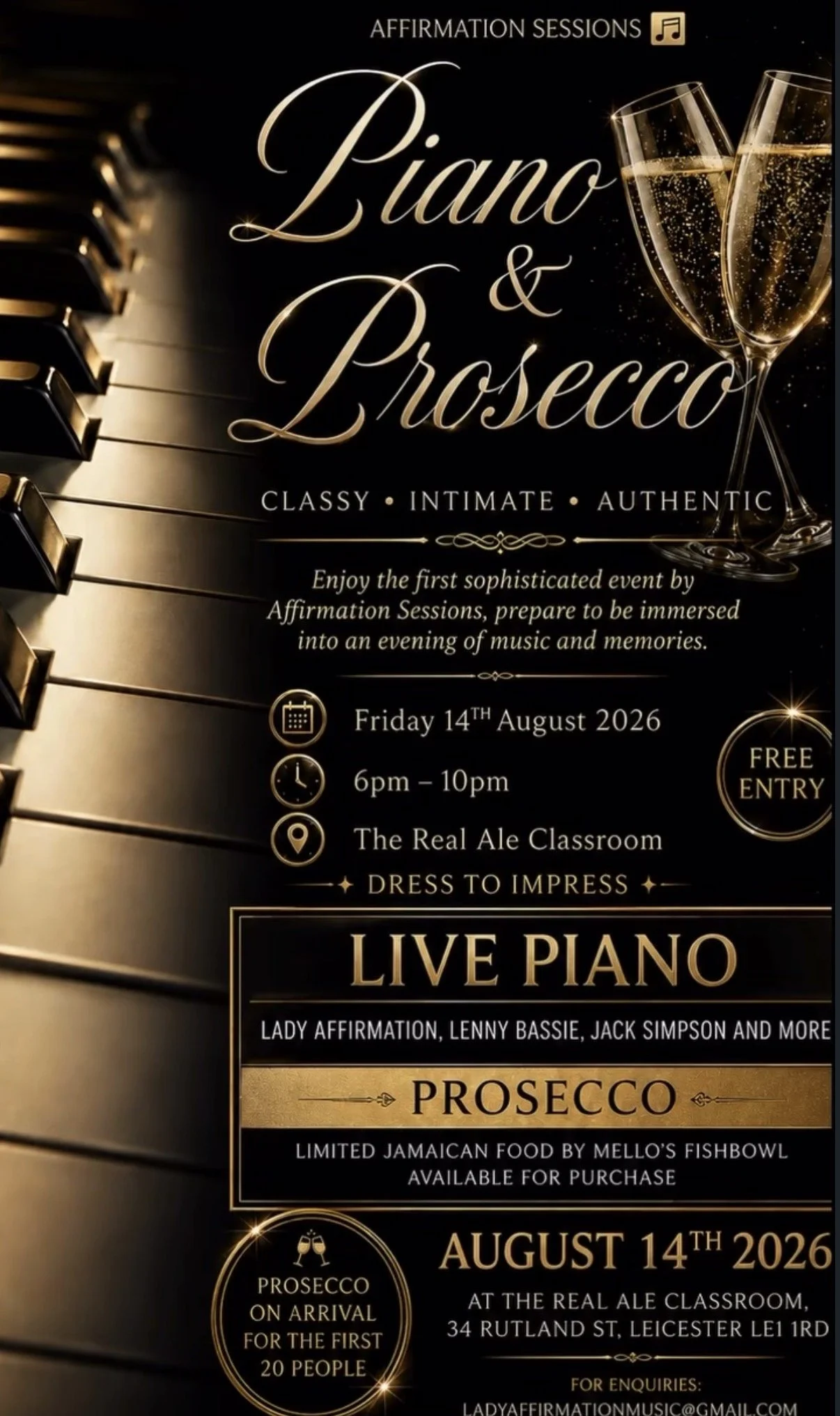 Friday 14th August - Piano &amp; Prosecco With Lady Affirmation @ 6pm