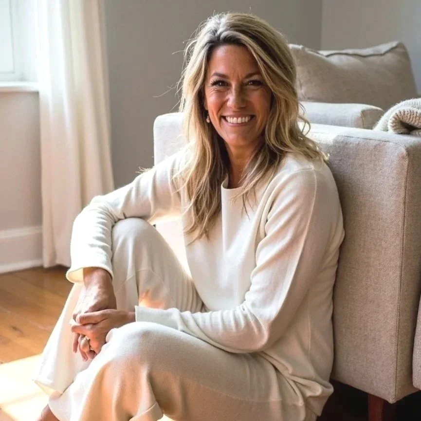 A smiling woman with long blonde hair sitting on the floor next to a beige couch in a bright living room.