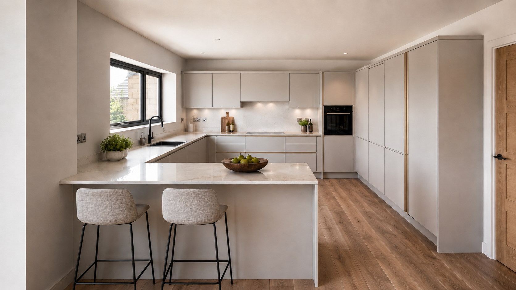 An open plan luxury kitchen part of a premium 4 bedroom family home in Broadway, Somerset