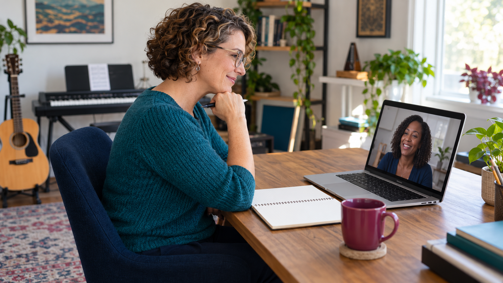 Woman attending a video call on a laptop at a home office desk