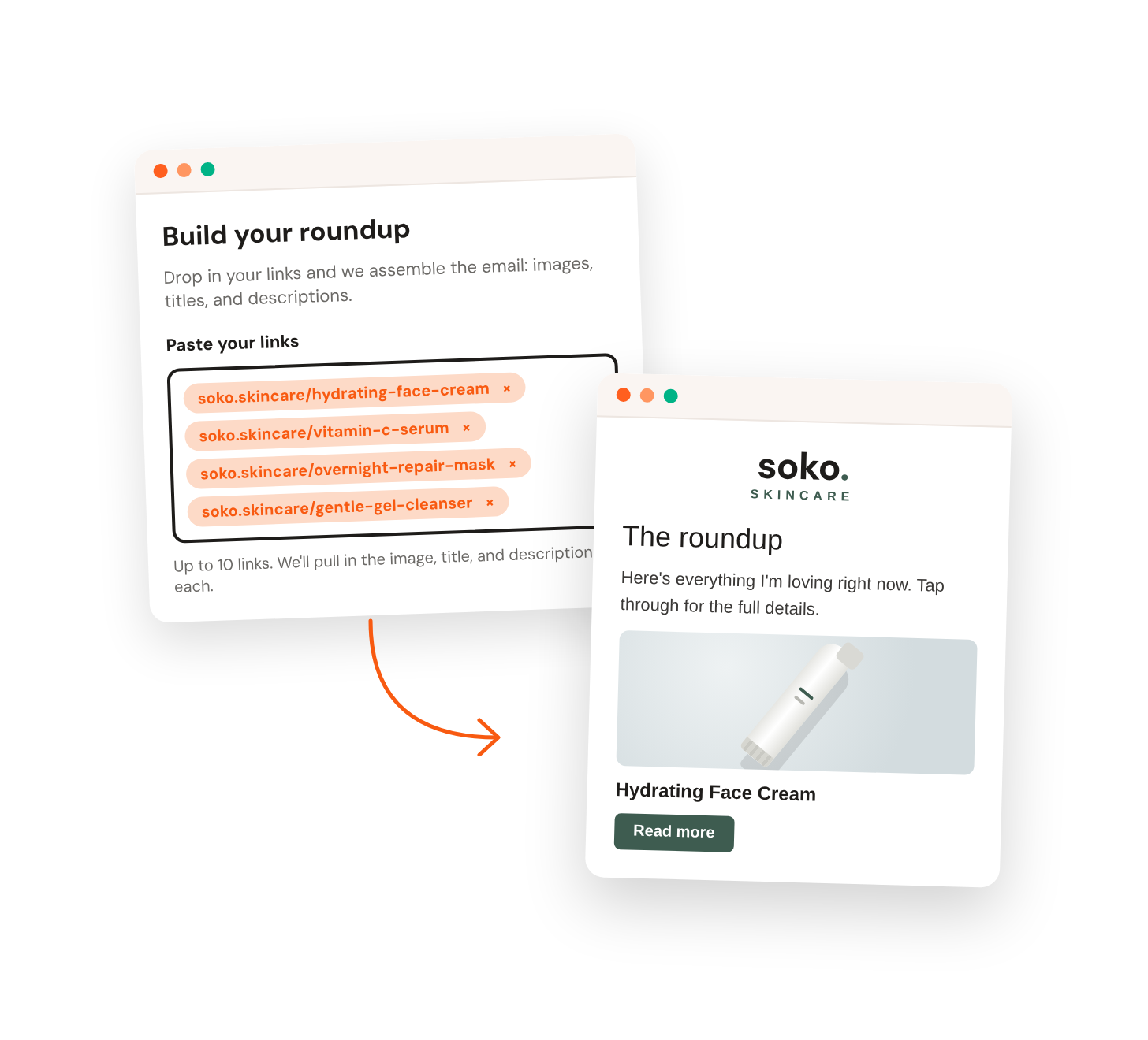 Build your roundup screen with four soko.skincare links, and the finished roundup email