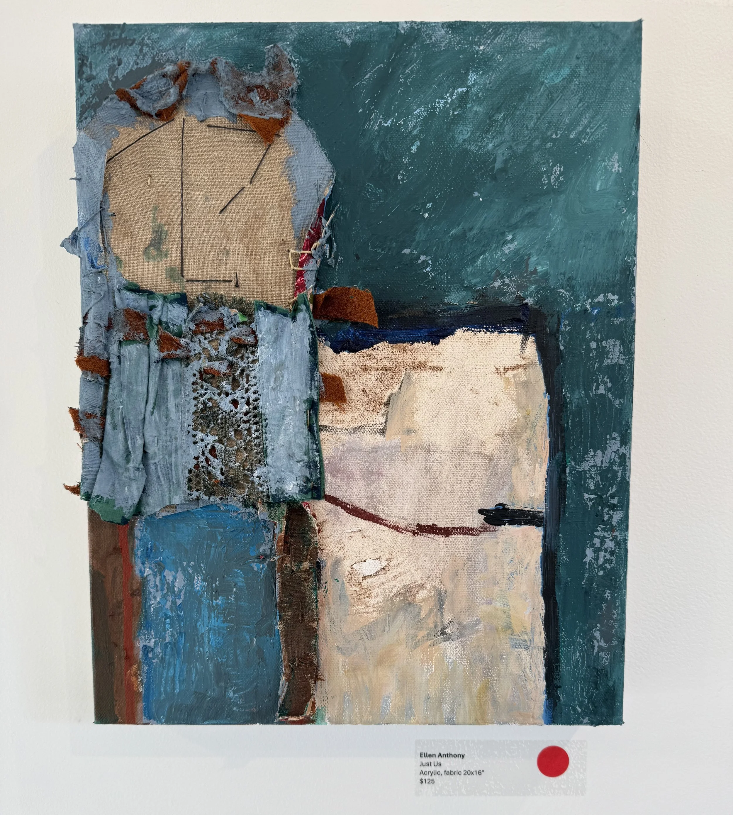 "Just Us" 16"H x 12"W, acrylic, leather, fabric, thread on canvas, SOLD