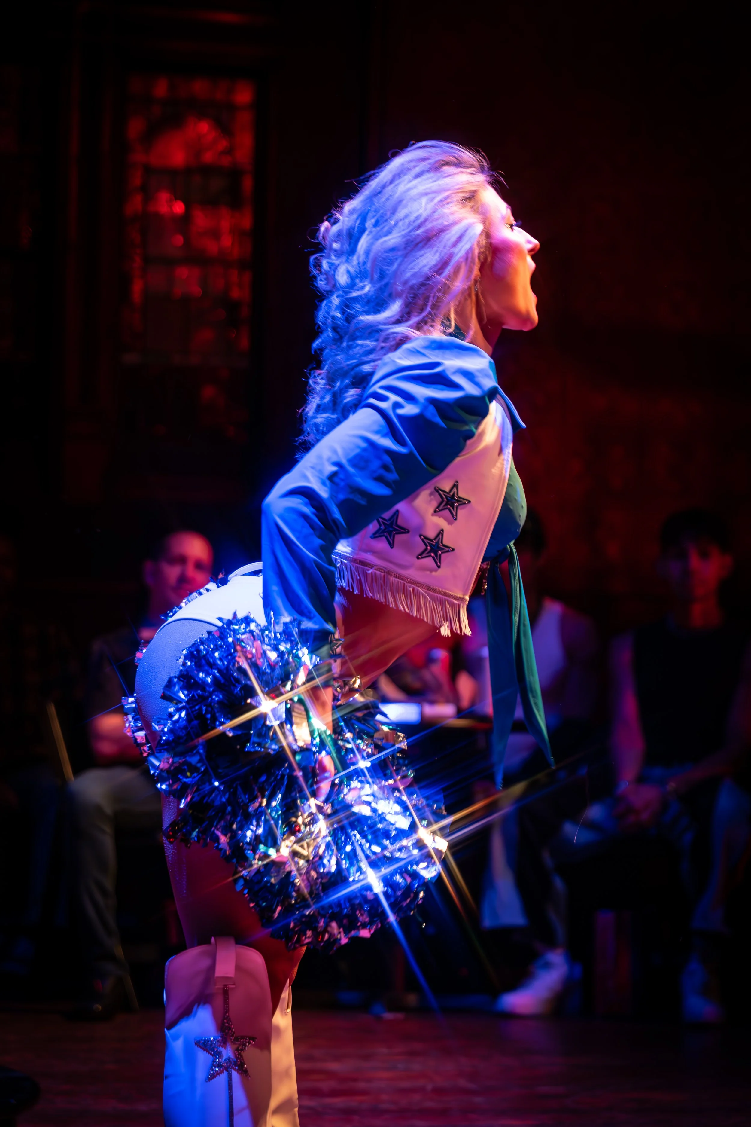 "Thunderstrut" 
Ground-Based Act, 5 minutes -- Yeehaw and hold onto your hats—this star-spangled sweetheart is trading pom-poms for pasties! Get ready as she kicks up the heat and brings Texas-sized tease to the stage, one sassy strut at a time.