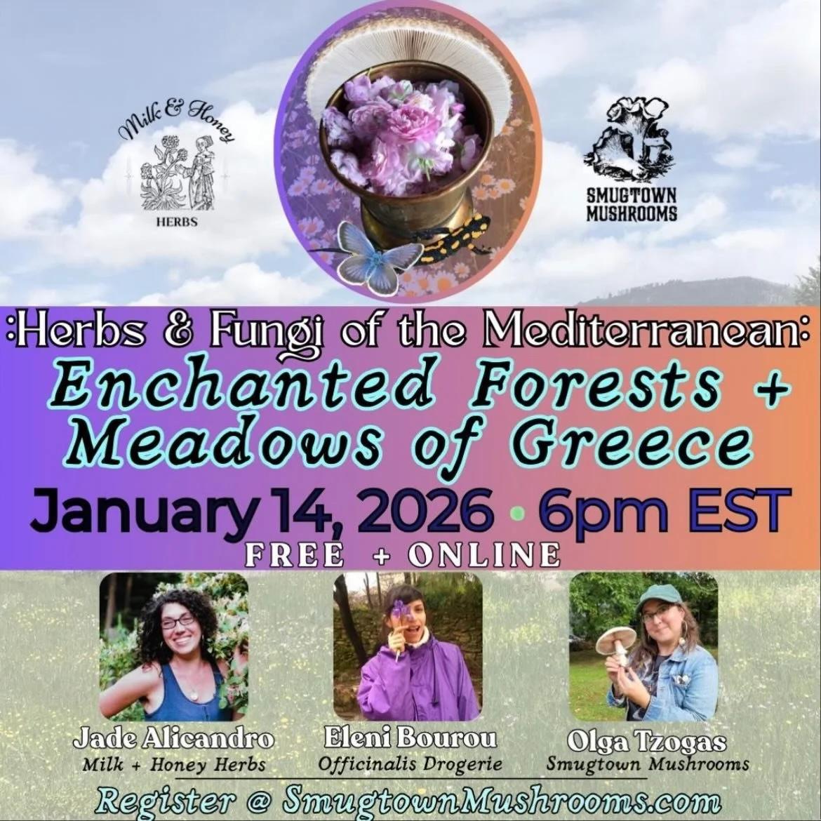 FREE CLASS OFFERING!
Herbs + Fungi of the Mediterranean: Enchanted Forests and Meadows of Greece🌸🌾🍄&zwj;🟫✨

January 14, 2026 
6pm EST/3pm Pacific
LIVE + access to a recording!

Join herbalists Jade Alicandro @milkandhoneyherbs , Eleni Bourou @off