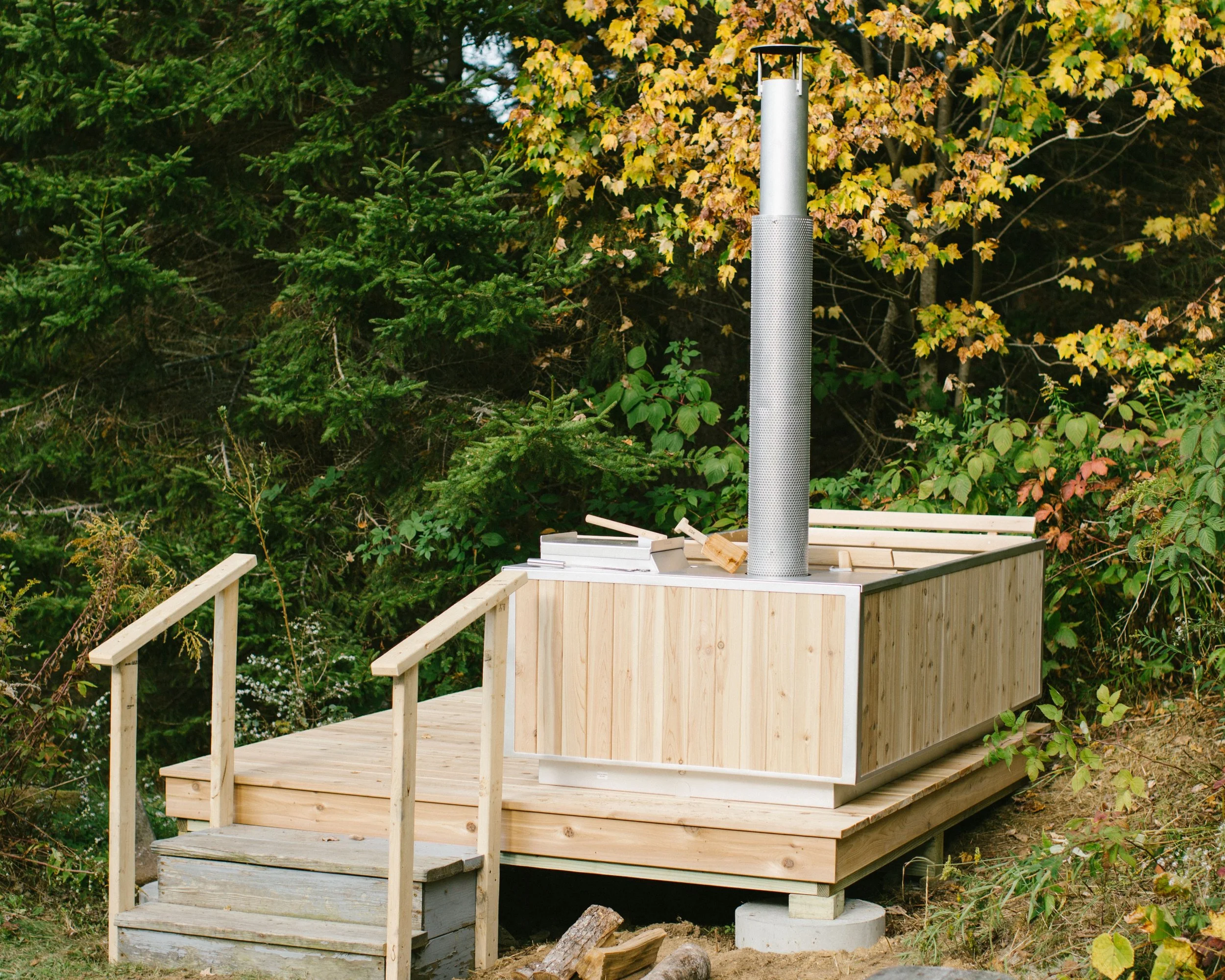 A woodfired hot tub at Three Sisters Farm.
