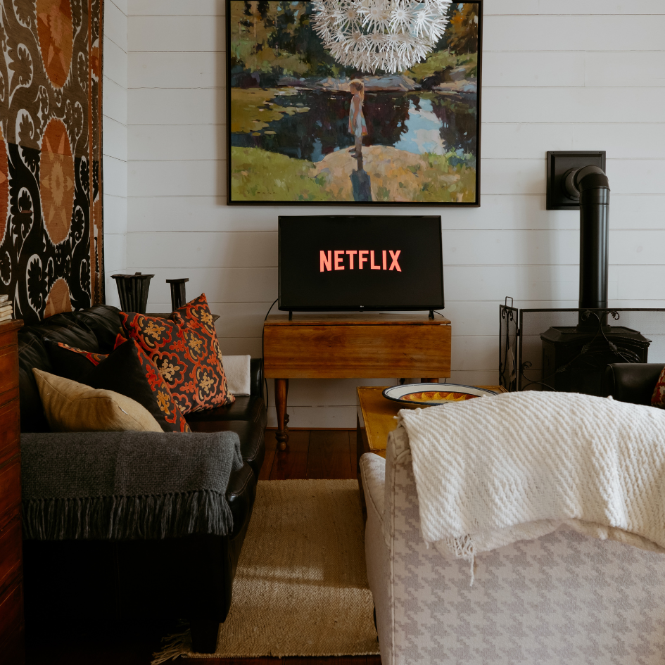 Living room with a couch and pillows, a small TV displaying the Netflix logo, a painting above the TV, and a wood stove in the corner.