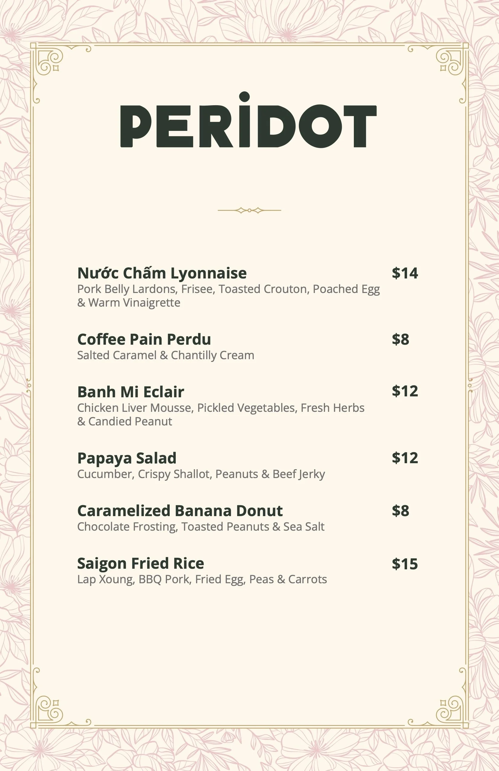 Peridot Brunch Menu