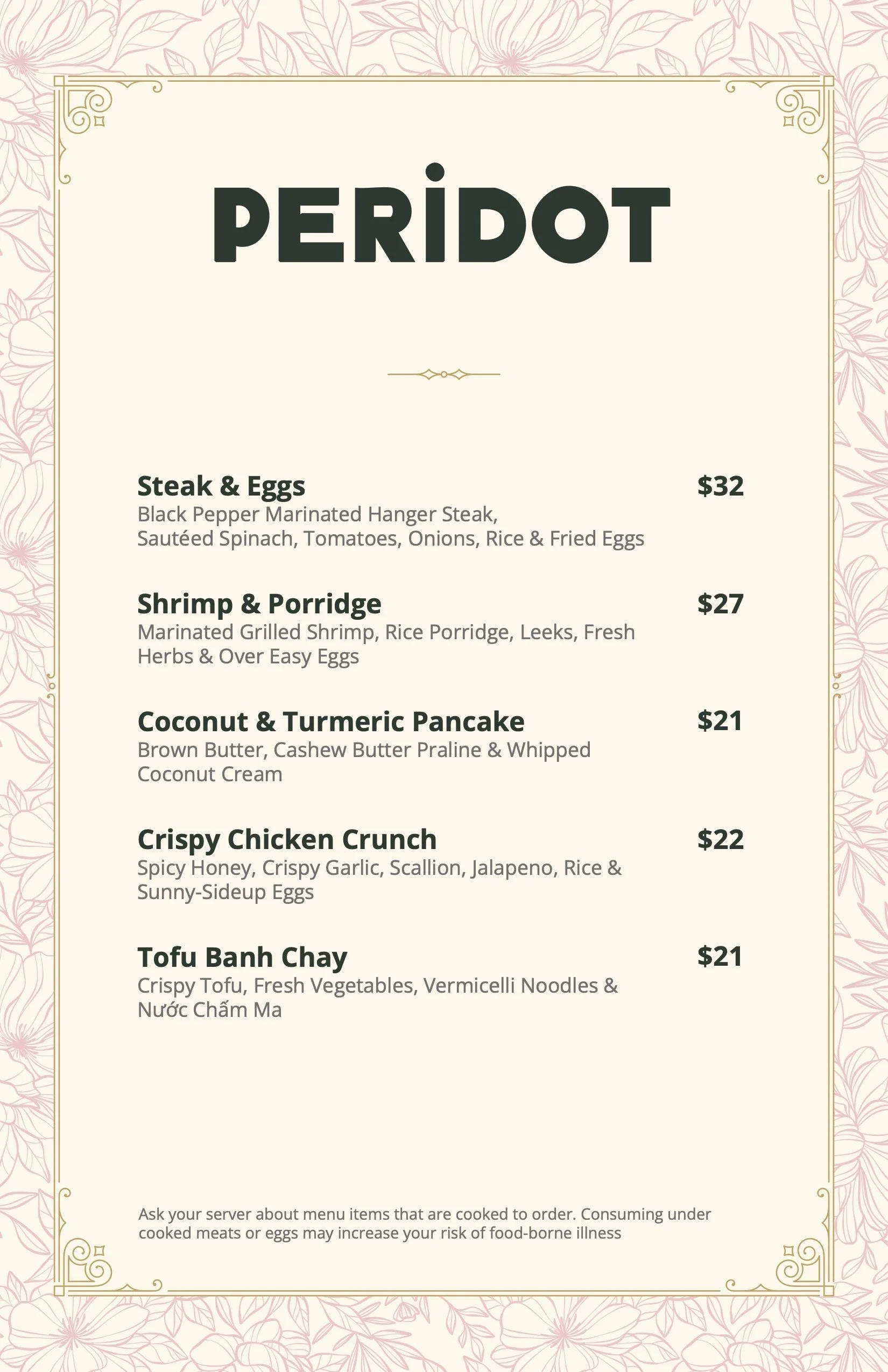Peridot Brunch Menu listing five breakfast dishes: Steak & Eggs, Shrimp & Porridge, Coconut & Turmeric Pancake, Crispy Chicken Crunch, and Tofu Banh Chay, with descriptions and prices.