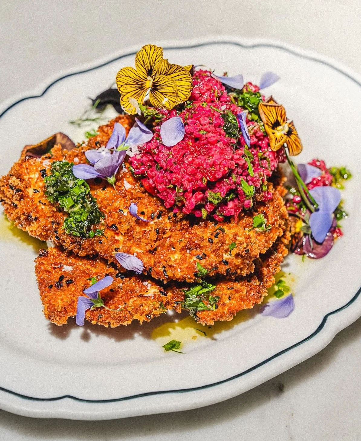 seeded chicken cutlet, beet tabbouleh