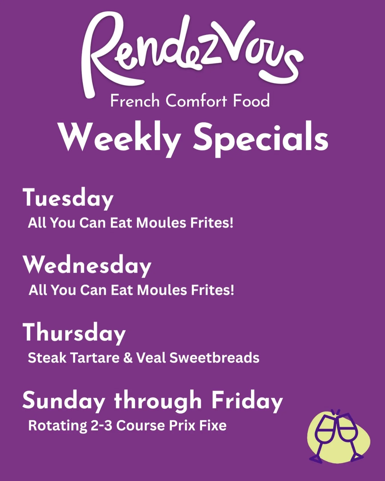 Neighborhood specials here every week 🥂 A tasty treat or a favorite on repeat! Bon app&eacute;tit!