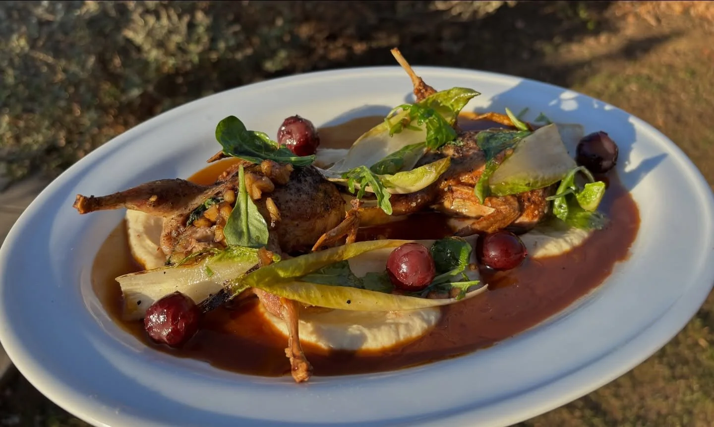 C&rsquo;est un d&eacute;lice! Quail Farci with Toulouse sausage, fris&eacute;e, celeriac puree, walnut and roasted grape vinaigrette 🇫🇷 Serving it while it lasts!