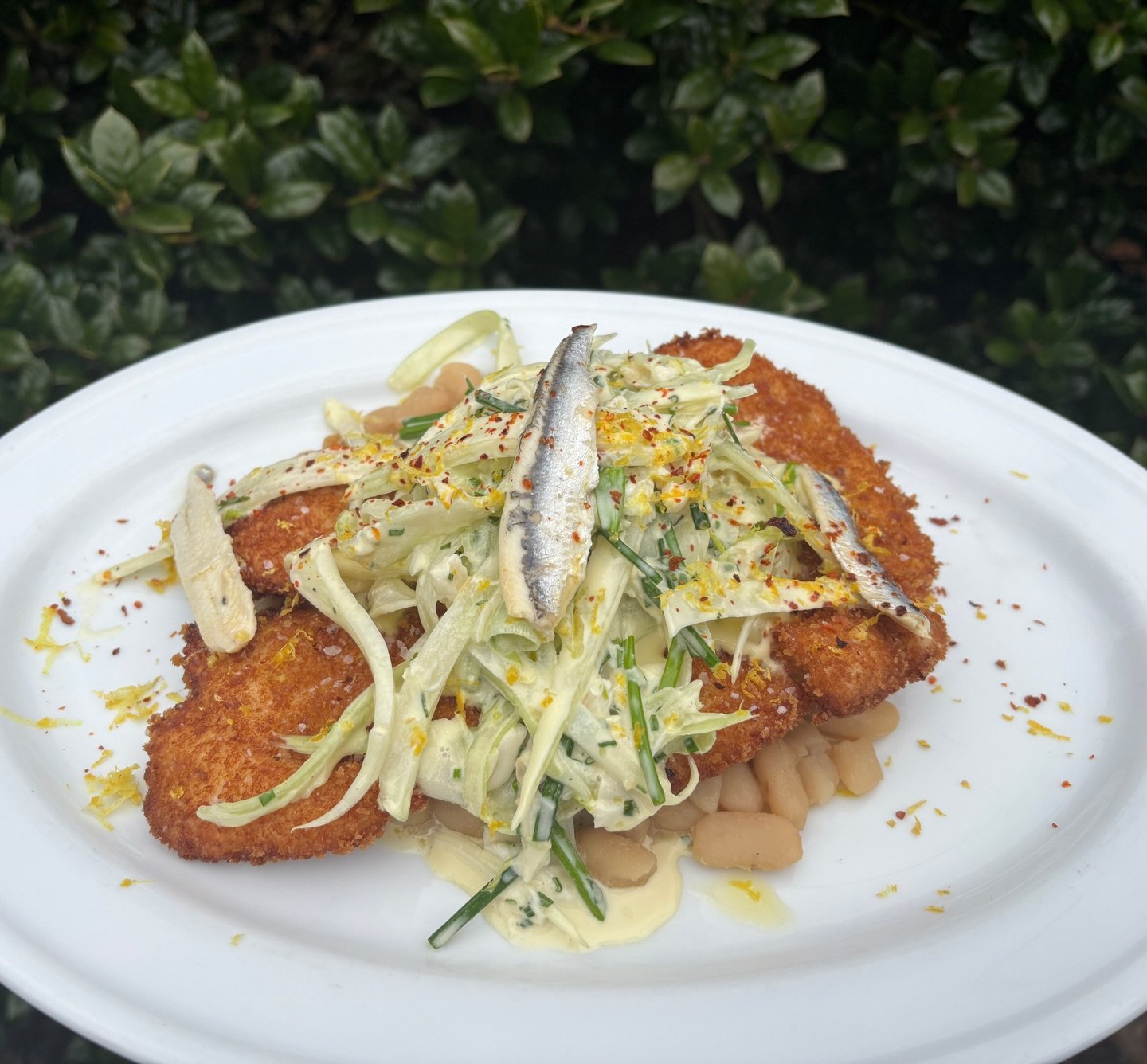 Oh la vache! Swordfish milanese 😍 We tried it first 🤫 it&rsquo;s GOOD! Served with fennel remoulade, white beans, anchovy, fines herbs, and for this weekend only! ** while it lasts **