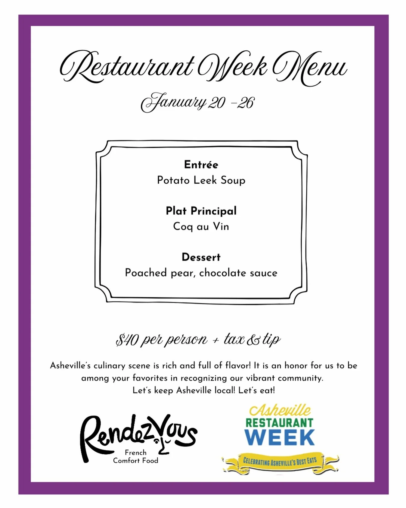 To keep AVL thriving, it&rsquo;s important to eat out in these winter months. But, not as important as seeing your friendly faces. &Agrave; bient&ocirc;t!

Make your reservations online or give us a call at 828.348.0909 today 🥂 The potato leek soup 