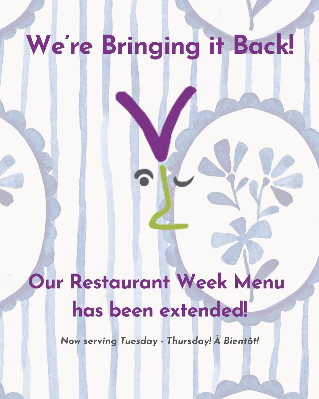 Stir crazy? Us too. No winter cold can stop us from cooking y&rsquo;all a warm, hearty meal. Here&rsquo;s our pre fixe menu for a limited time only: 

Entr&eacute;e Potato Leek Soup

Plat Principal Coq au Vin

Dessert Poached pear, chocolate sauce
$4