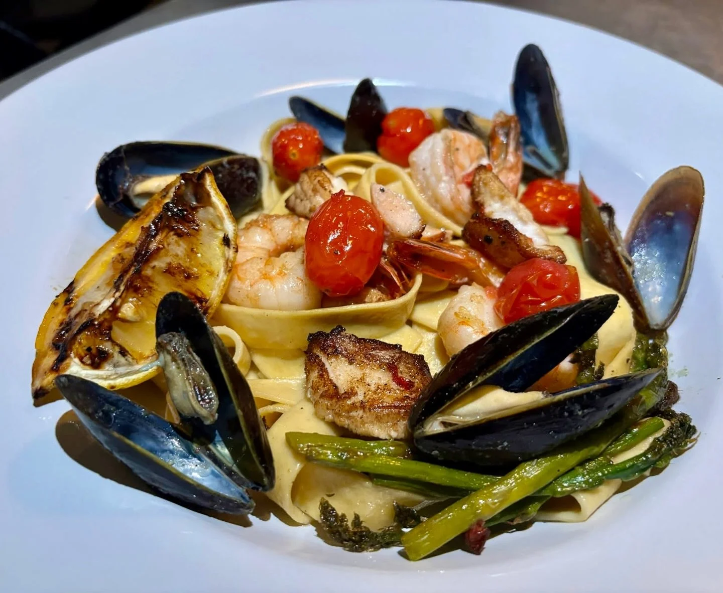 Look at this beauty! Tonight&rsquo;s feature is Seafood pappardelle. Get it while it lasts 🌊

The details: flounder, salmon, shrimp, mussels, tarragon,blistered tomatoes, asparagus, grilled lemon

Friends, thank you for a great start to spring. We&r