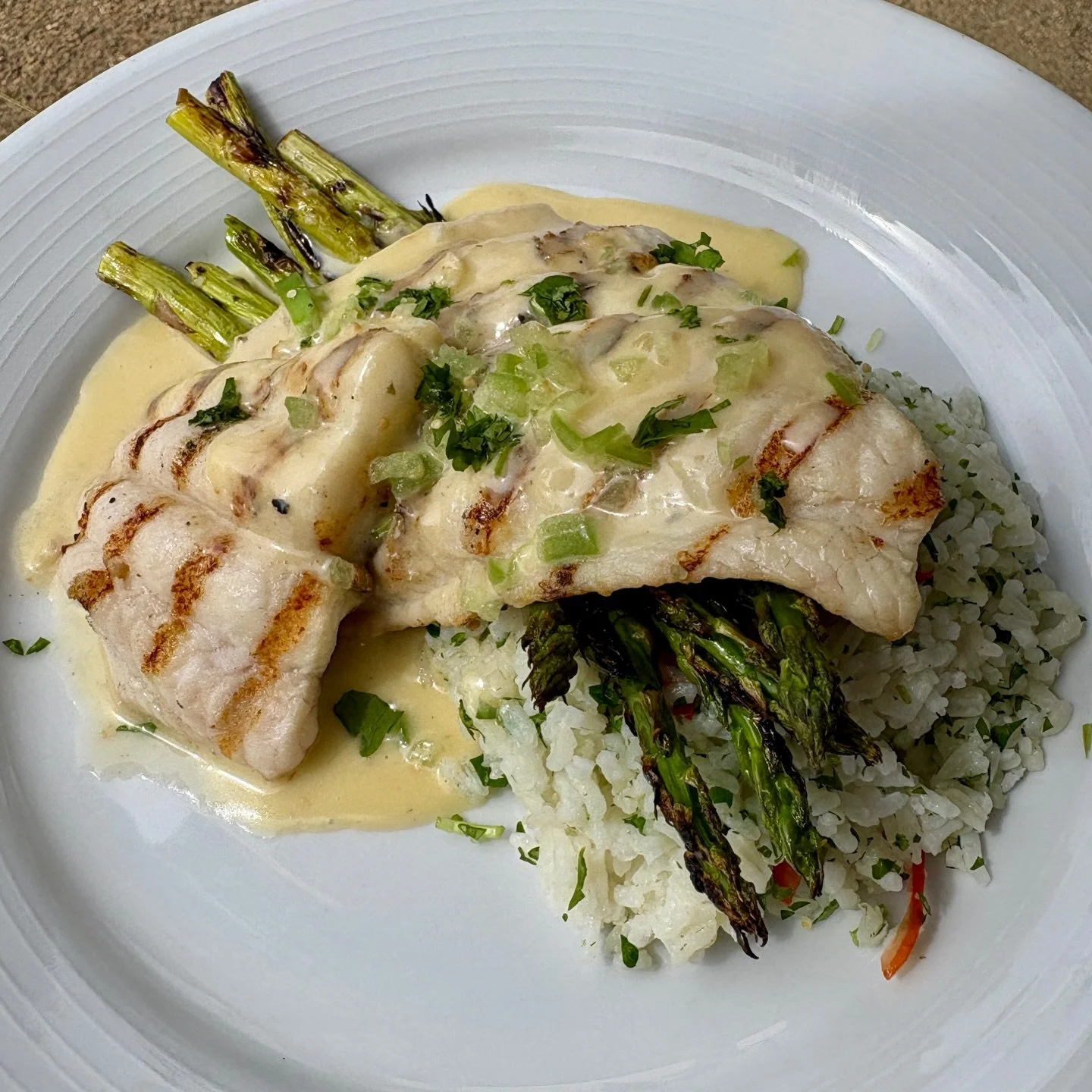 Bonjour y&rsquo;all! 🎣 We&rsquo;re serving up grilled Chesapeake Bay wild blue catfish this weekend 🎣 It&rsquo;s coming with a tomatillo cilantro beurre blanc, rice pilaf, and asparagus. Miam! Yum! Plus a bonus picture of our bleu cheese stuffed po