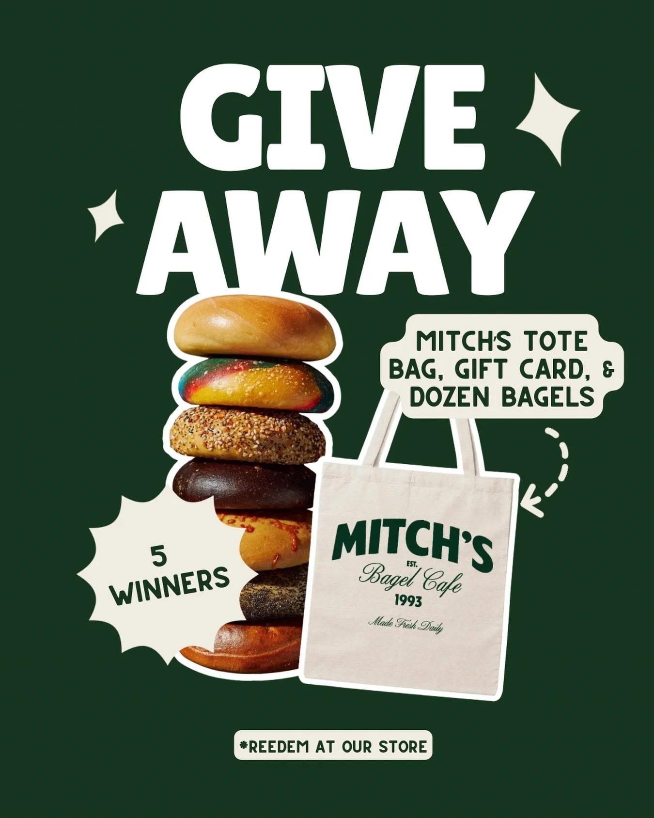 GIVEAWAY TIME 🥯✨ We&rsquo;re giving 5 lucky winners the ultimate Mitch&rsquo;s lineup: a Mitch&rsquo;s tote bag, gift card, and a dozen bagels on us.

To enter: 🥯 Follow @mitchsdowntown  🥯 Like this post 🥯 Tag the friend you&rsquo;re sharing the 