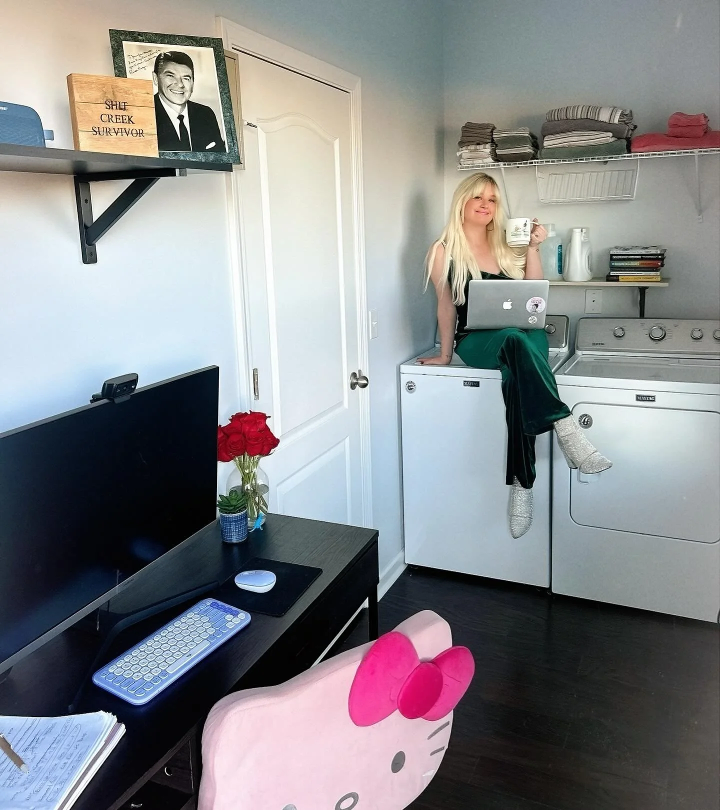 Yes I take client calls next to the fabric softener. Yes the sign says &ldquo;Shit Creek Survivor.&rdquo; No I will not be answering questions at this time.

Built a whole business from this room. This is the empire. The empire smells like fresh line