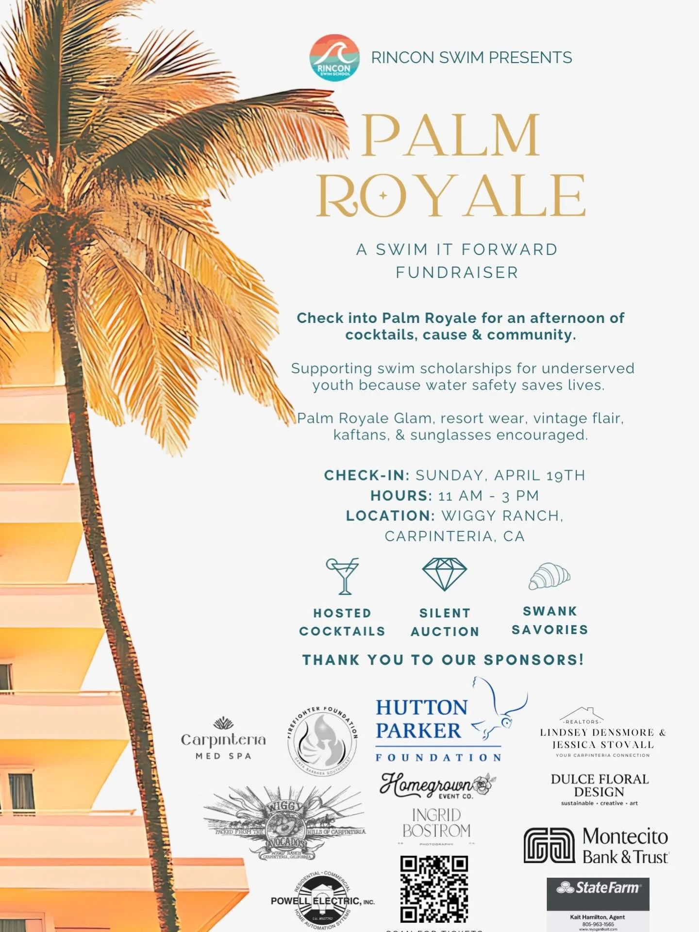 📣 Our favorite event of the year is here!

We are thrilled to announce our 2nd Annual Swim It Forward Fundraiser; Palm Royale style 🌴

Join us on Sunday, April 19th at the beautiful Wiggy Ranch for a picturesque poolside afternoon and purposeful co