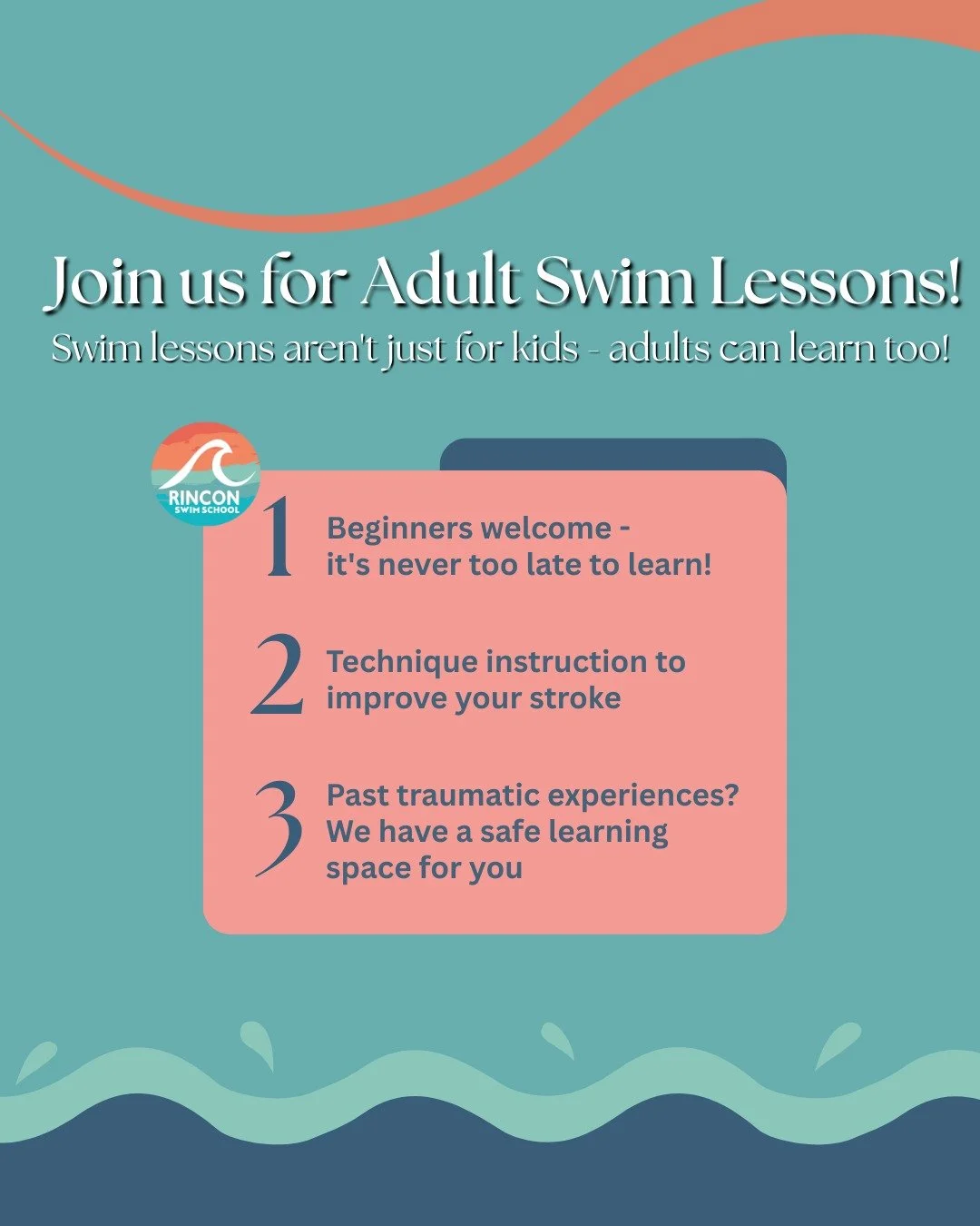 📣 Attention! Calling those of you who would love to learn, improve upon, or even overcoming your fear of swimming. The water is your friend and so are we :)

Swimming is a workout that builds strength, improves flexibility, and is easy on the joints