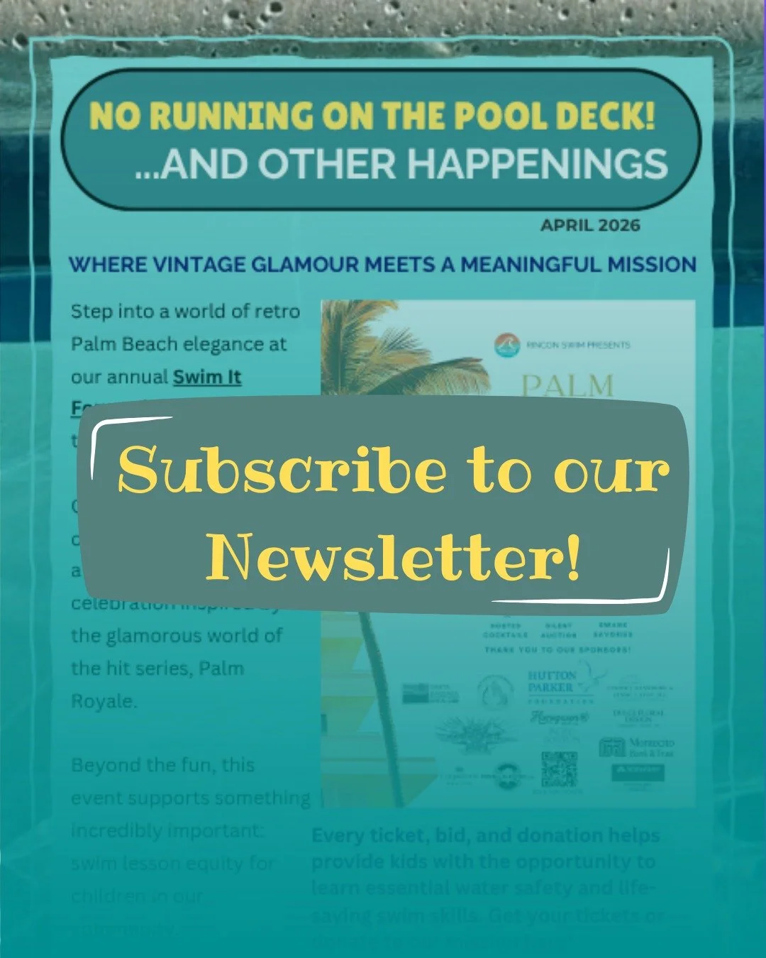Breaking News!

📬 Introducing our brand-new monthly newsletter: 

No Running on the Deck!.. and Other Happenings. 

You know all those things you ask (and hear!) on the pool deck- schedule updates, milestone announcements, event reminders, tips for 