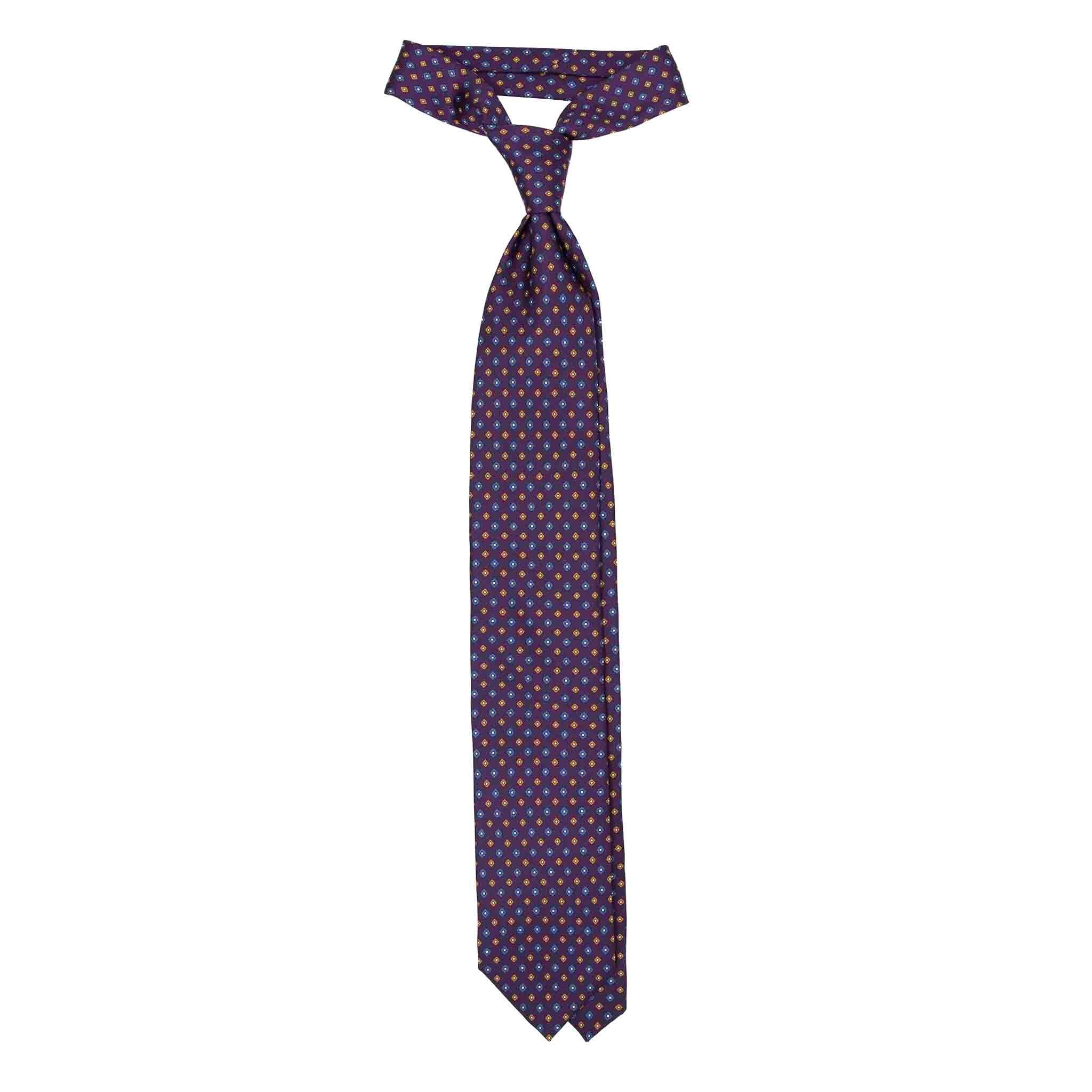 Serà Fine Silk Purple Silk Tie with Orange & Blue Square Flowers