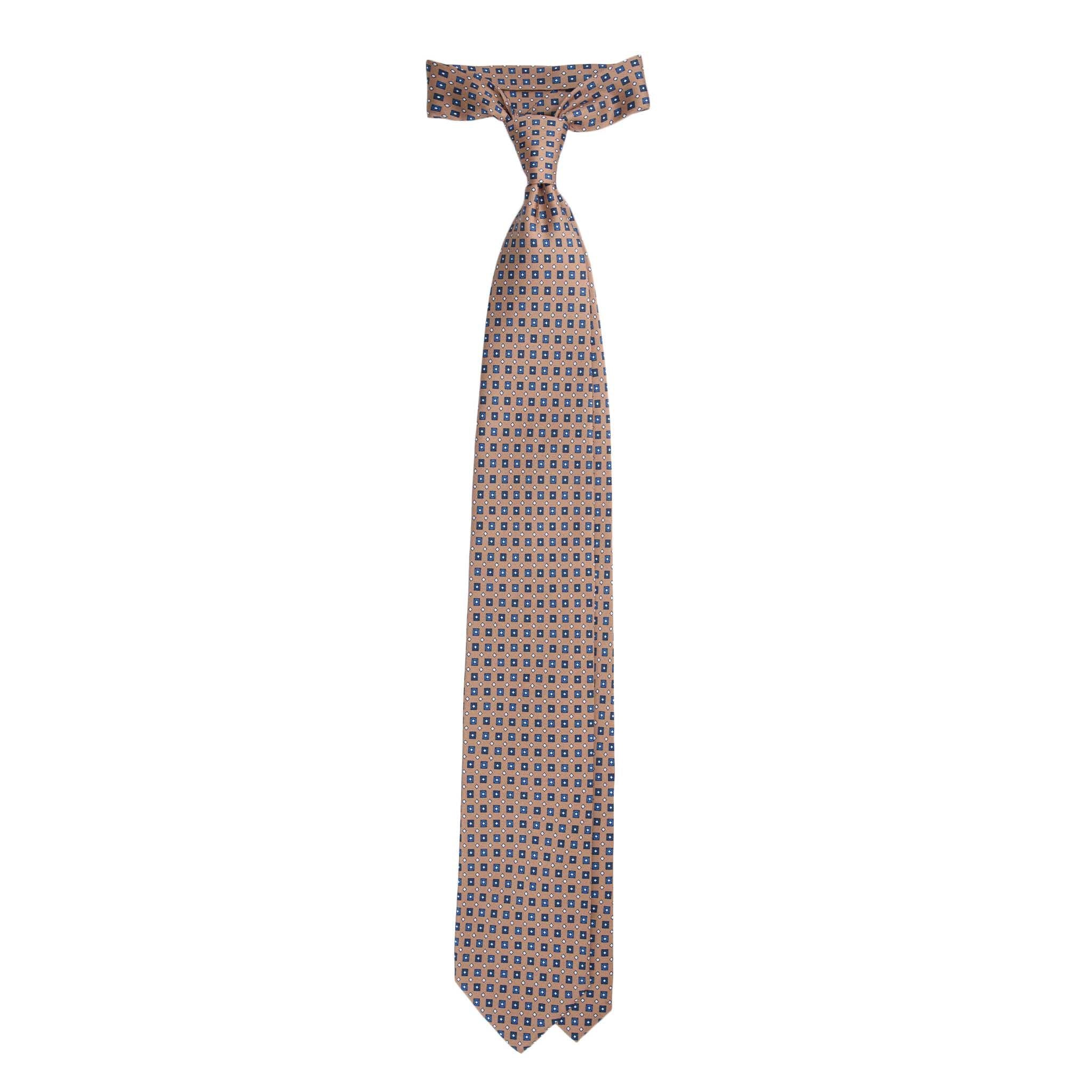 Serà Fine Silk Camel Brown Silk Tie with Blue Square Pattern