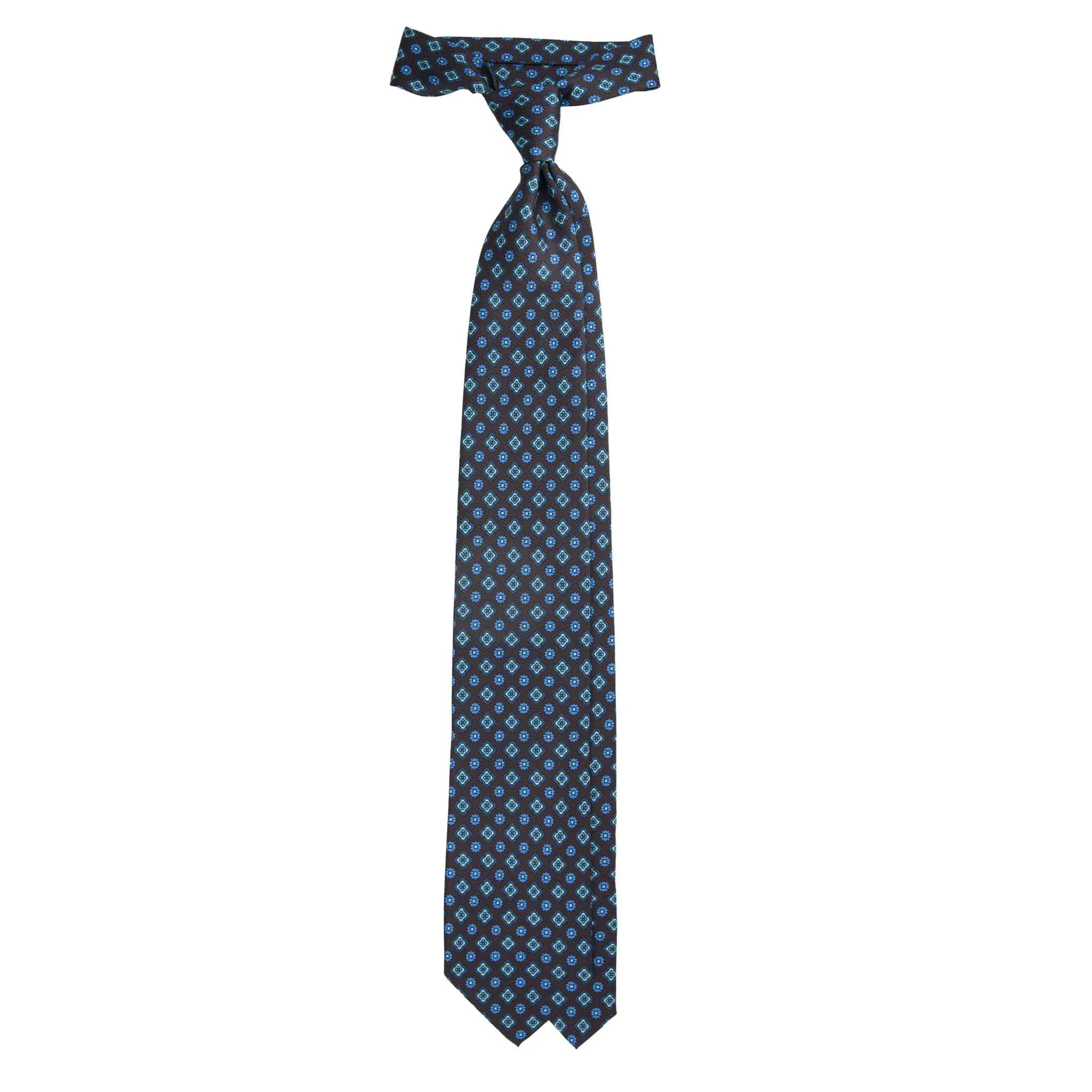 Serà Fine Silk Brown Silk Medallion Tie with Blue and Green Pattern