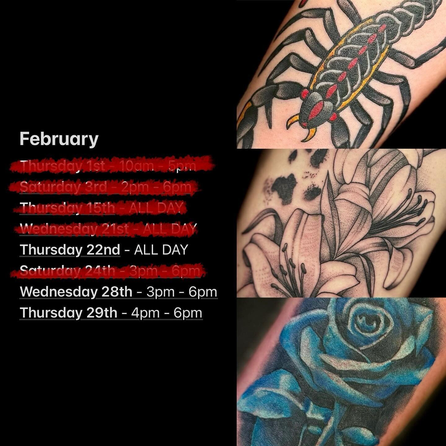 **UPDATED AVAILABLE FEBRUARY DATES**

Only 3 left this month! 😅

Now that January is finally ending (after what feels like 256 years), here&rsquo;s my availability for #tattoo #appointments for the February!

DM / cassytattoo@gmail.com if you wanted