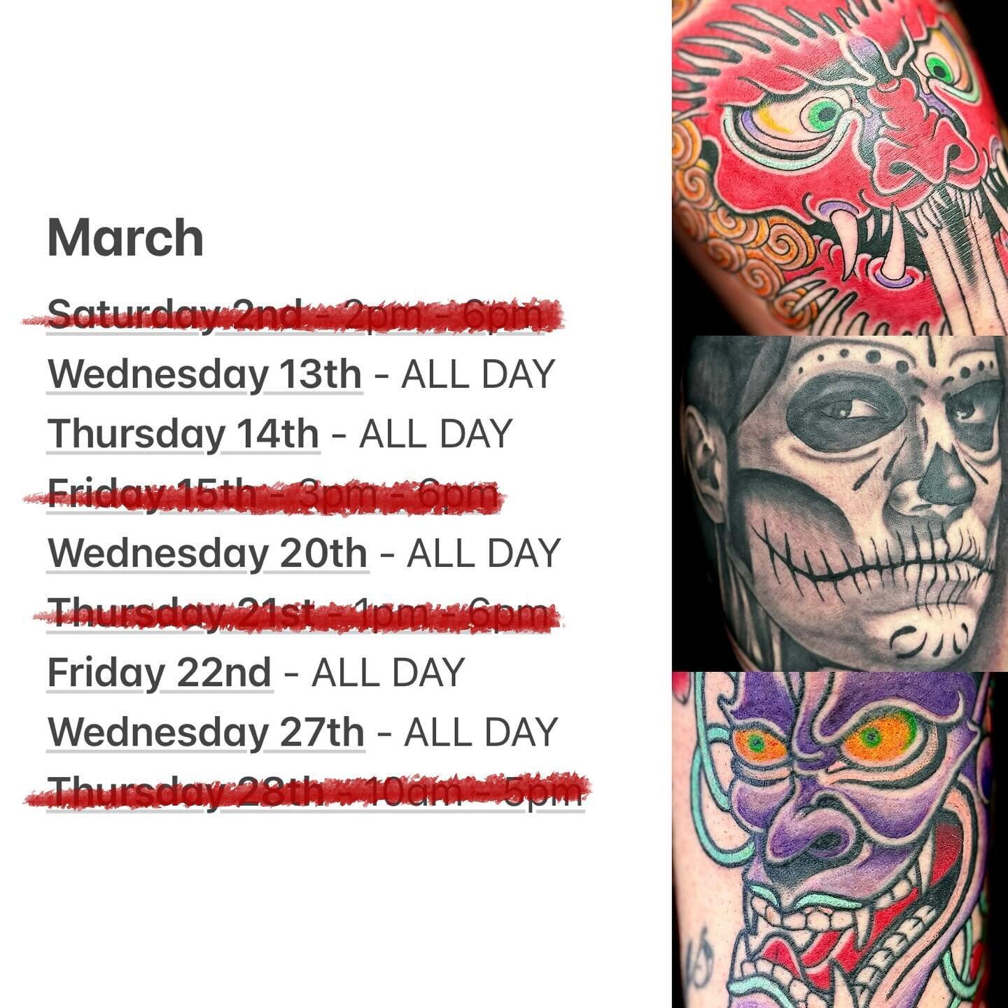 **UPDATED MARCH AVAILABILITY**

👀👀👀

Not a lot space left in March now! 😅
Direct message / cassytattoo@gmail.com if you wanted to book any, or part of any of these dates!

And click the 🔗 in my bio to spread the cost of your next tattoo session 