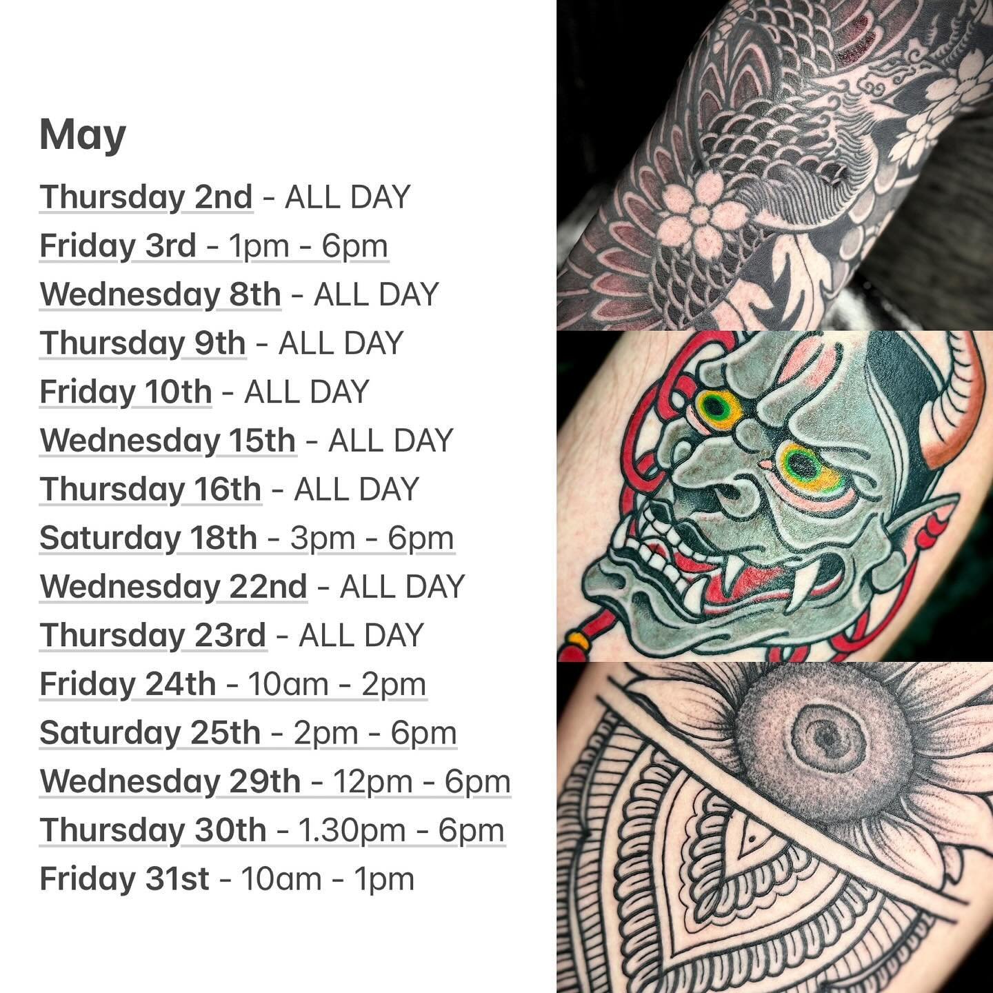 ***MAY AVAILABILITY***

Here&rsquo;s all my availability for May, DM / text me (button profile) if you wanted any, some or a portion of any of these days!

Don&rsquo;t forget I&rsquo;m also offering flexible payment plans, to find out about that get 
