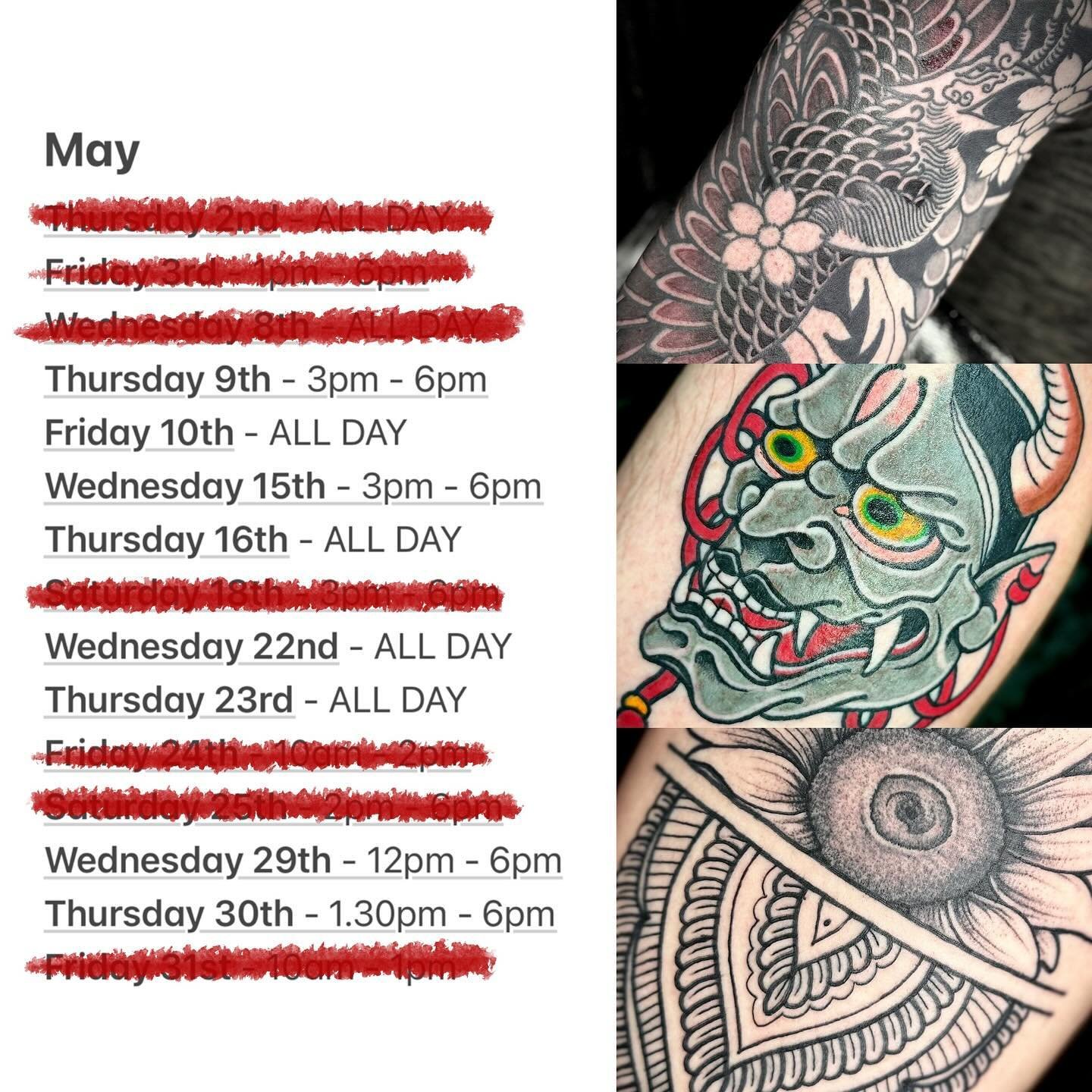 ***UPDATED MAY AVAILABILITY***

Here&rsquo;s all my updated availability for May, DM / text me (contact button on profile) if you wanted any, some or a portion of any of these days!

Don&rsquo;t forget I&rsquo;m also offering flexible payment plans, 