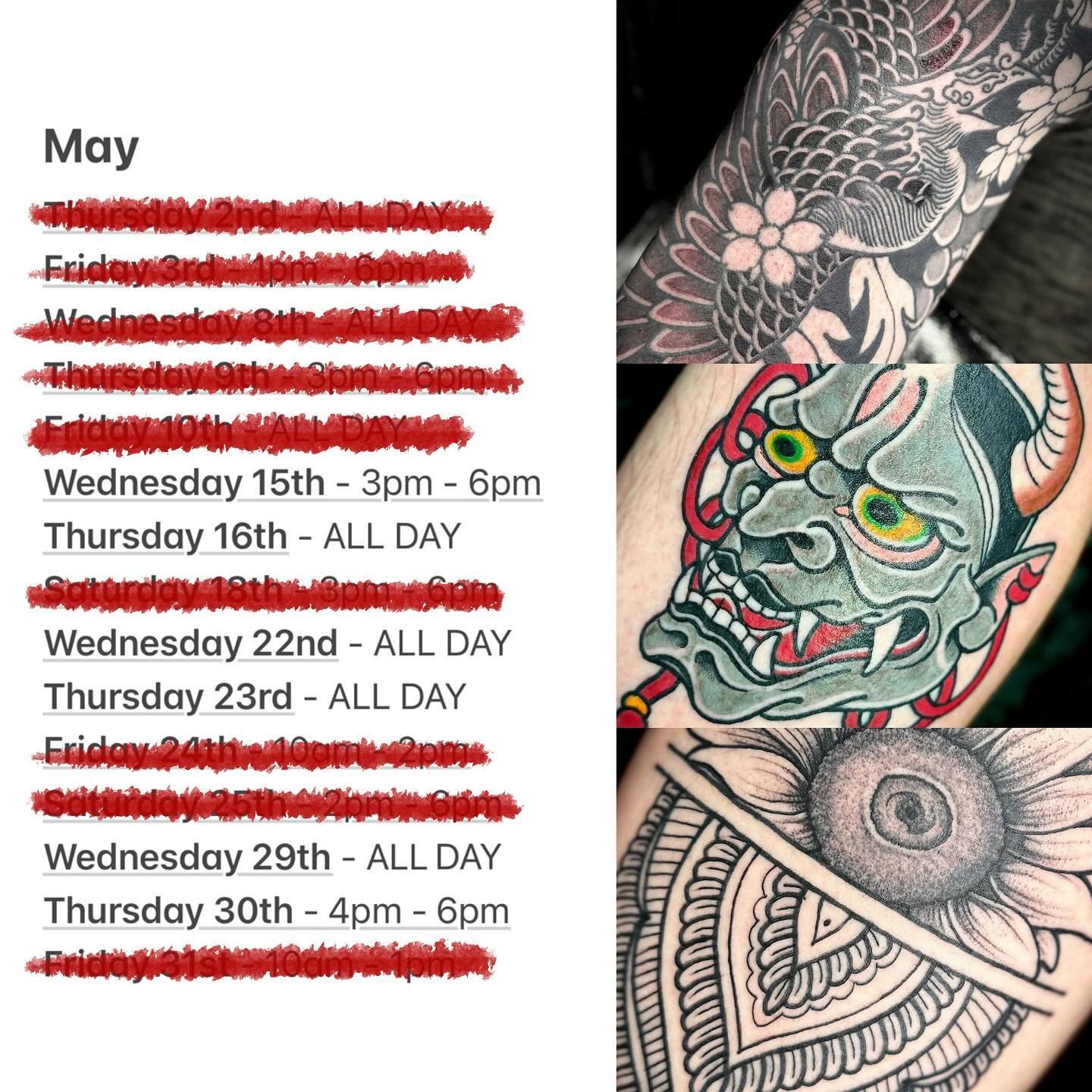 ***UPDATED MAY AVAILABILITY***

Here&rsquo;s all my updated availability for May, DM / text me (contact button on profile) if you wanted any, some or a portion of any of these days!

Don&rsquo;t forget I&rsquo;m also offering flexible payment plans, 