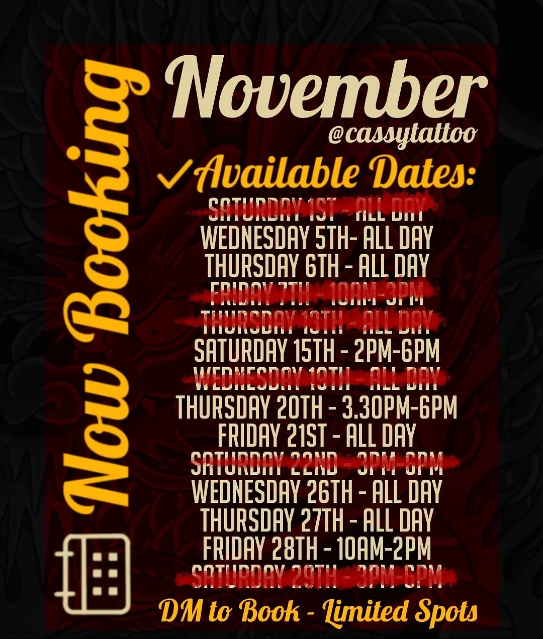 ✨ UPDATED AVAILABILITY ✨

✨ NOW BOOKING for NOVEMBER ✨
 
Looking to start a new piece or finish your ongoing work? I&rsquo;ve got limited spots available next month:

✅ Available Dates:

Wednesday 5th- ALL DAY
Thursday 6th - ALL DAY
Saturday 15th - 2