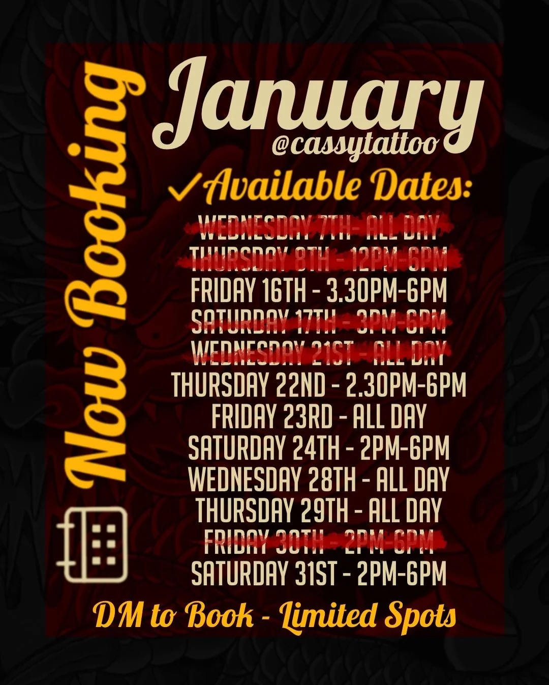✨ UPDATED AVAILABILITY ✨

✨ NOW BOOKING for JANUARY ✨
 
Looking to start a new piece or finish your ongoing work? I&rsquo;ve got limited spots available this month:

✅ Available Dates:

Friday 16th - 3.30pm-6pm
Thursday 22nd - 2.30pm-6pm
Friday 23rd 