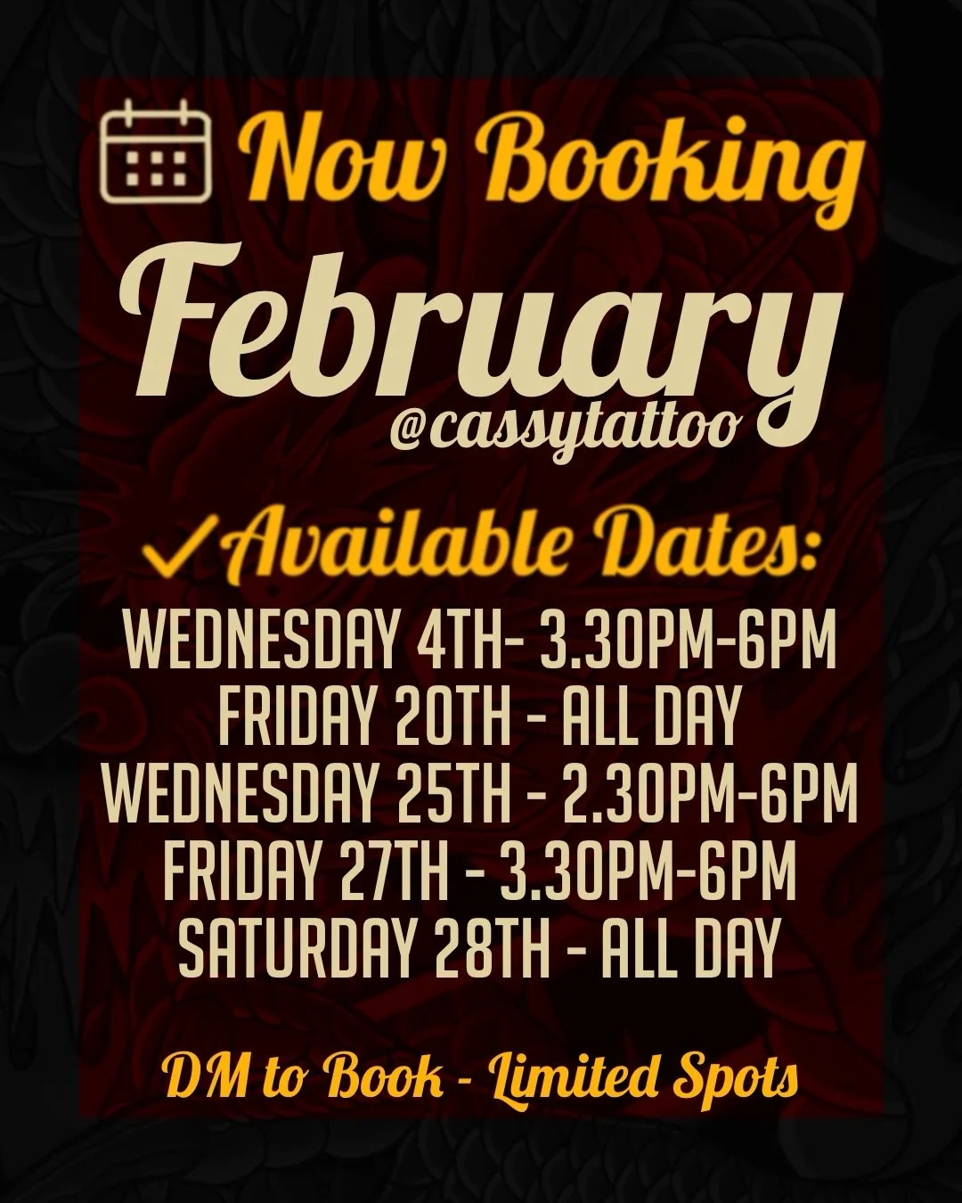 ✨ NOW BOOKING for FEBRUARY ✨
 
Looking to start a new piece or finish your ongoing work? I&rsquo;ve got limited spots available this month:

✅ Available Dates:

‪Wednesday 4th - 3.30pm-6pm‬
Friday 20th - ALL DAY
Wednesday 25TH - 2.30PM-6PM
Friday 27T