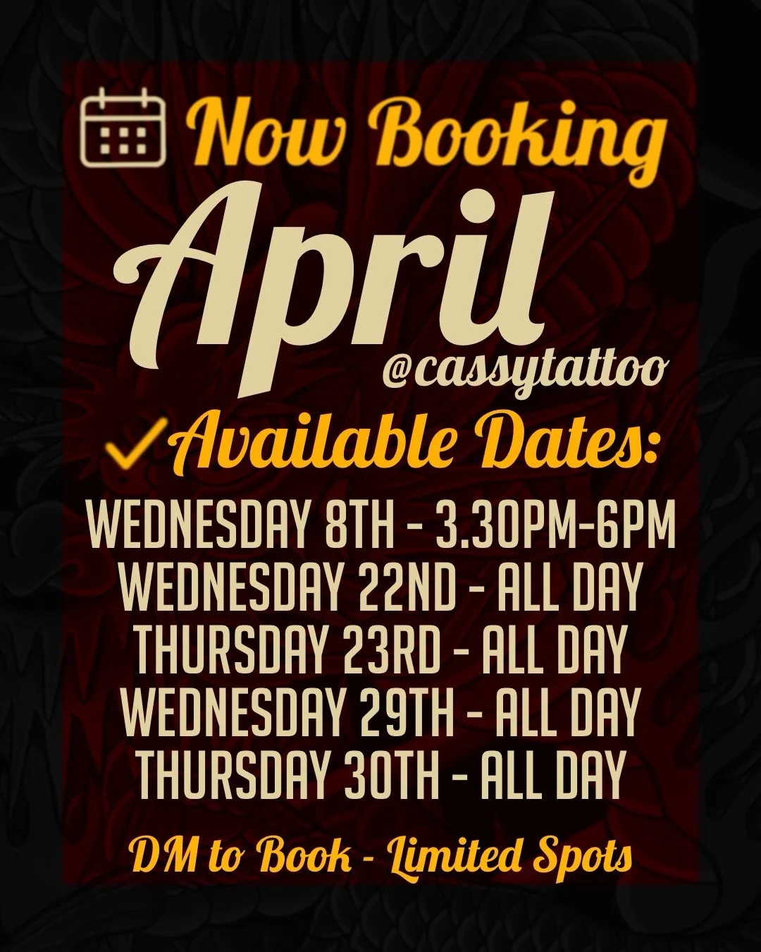 Looking to start a new piece or finish your ongoing work? I&rsquo;ve got limited spots available this month:

✅ Available Dates:

‪Wednesday 8th - 3.30pm-6pm‬
Wednesday 22nd - ALL DAY
Thursday 23rd - ALL DAY
Wednesday 29th - ALL DAY
Thursday 30th - A