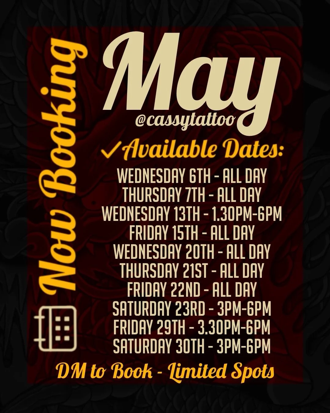 ✨ NOW BOOKING for May ✨
 
Looking to start a new piece or finish your ongoing work? I&rsquo;ve got limited spots available this month:

✅ Available Dates:

Wednesday 6th - ALL DAY
Thursday 7th - ALL DAY
Wednesday 13th - 1.30pm-6pm
Friday 15th - ALL D
