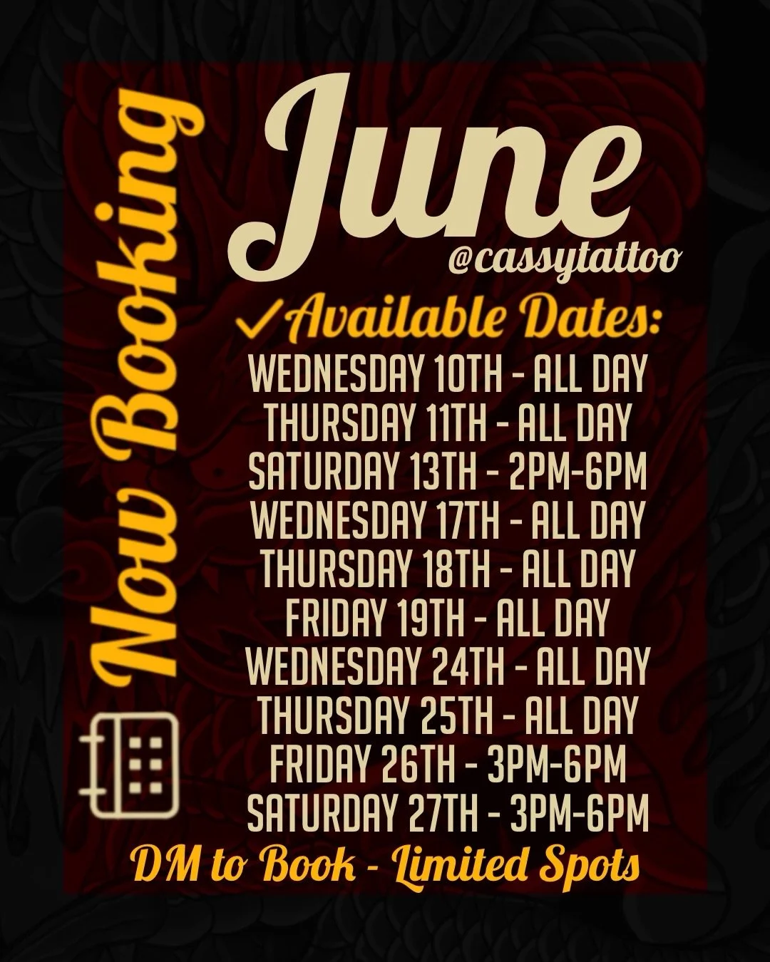 ✨ NOW BOOKING for JUNE ✨
 
Looking to start a new piece or finish your ongoing work? I&rsquo;ve got limited spots available next month:

✅ Available Dates:

Wednesday 10th - ALL DAY
Thursday 11th - ALL DAY
Saturday 13th - 2pm-6pm
Wednesday 17th - ALL
