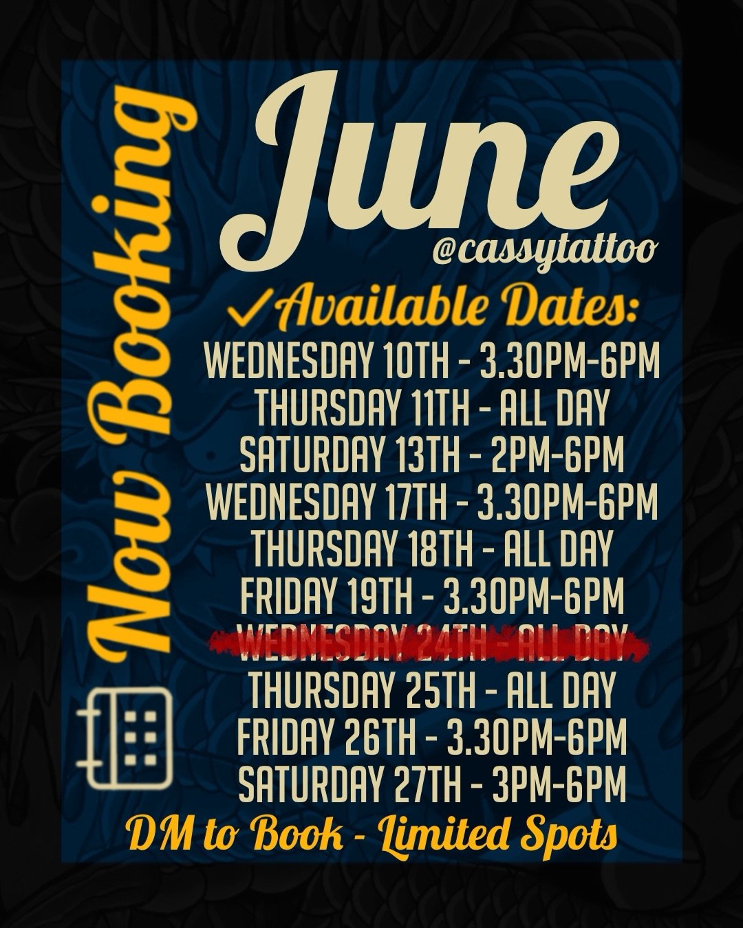 ✨UPDATED JUNE AVAILABILITY ✨
✨ NOW BOOKING for JUNE ✨
 
Looking to start a new piece or finish your ongoing work? I&rsquo;ve got limited spots available next month:

✅ Available Dates:

Wednesday 10th - 3.30pm-6pm
Thursday 11th - ALL DAY
Saturday 13t