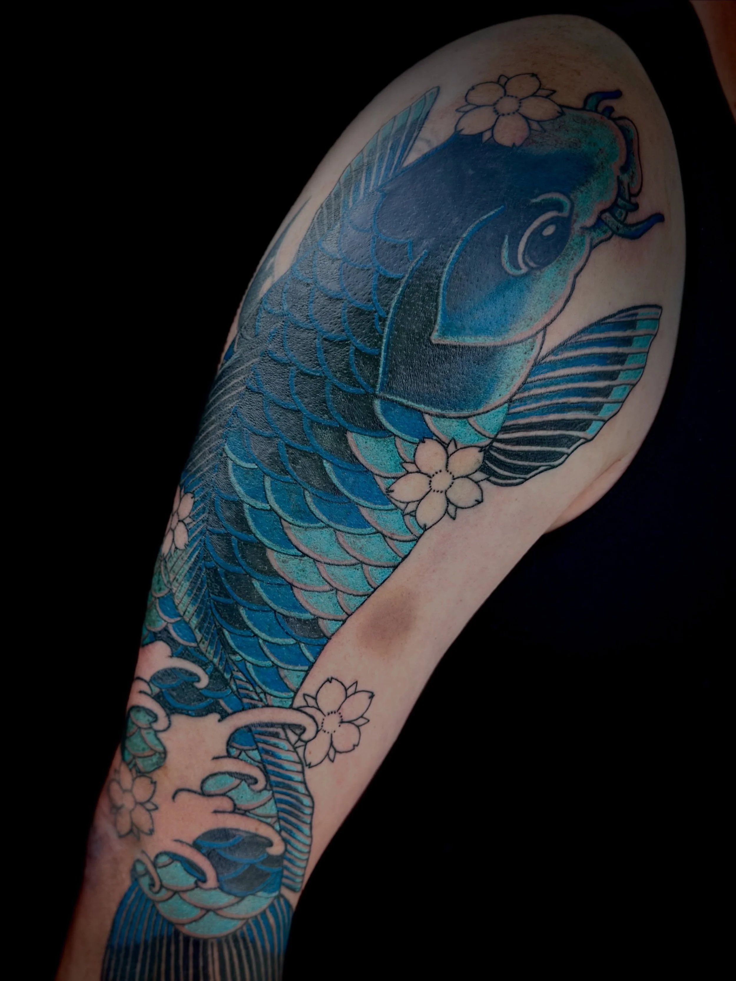 Still shot and video from my last post, because I know not many get to end of the reels 😂 

Also swipe 👉🏻 to see what we covered up. 

Jack was back in to finish the colour on this massive Japanese koi tattoo, covering up some old tribal, which it