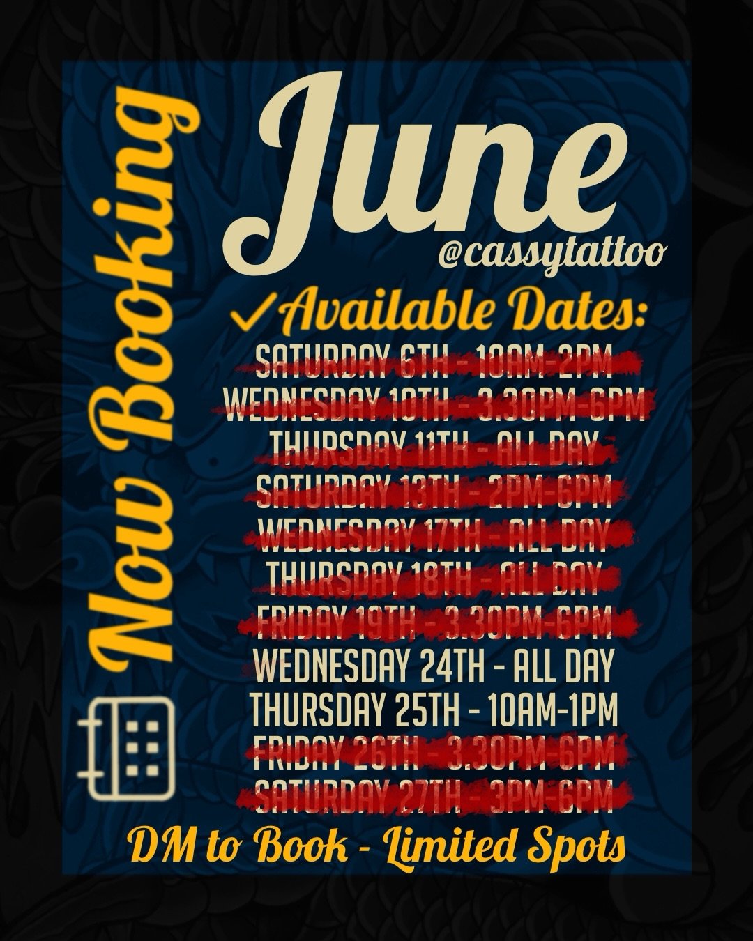✨UPDATED JUNE AVAILABILITY ✨
✨ NOW BOOKING for JUNE ✨
 
ONLY 2 SPOTS LEFT THIS MONTH

Looking to start a new piece or finish your ongoing work? Here are my last few June dates:

Wednesday 24th - ALL DAY
Thursday 25th - 10am - 1pm

DM me to grab your 