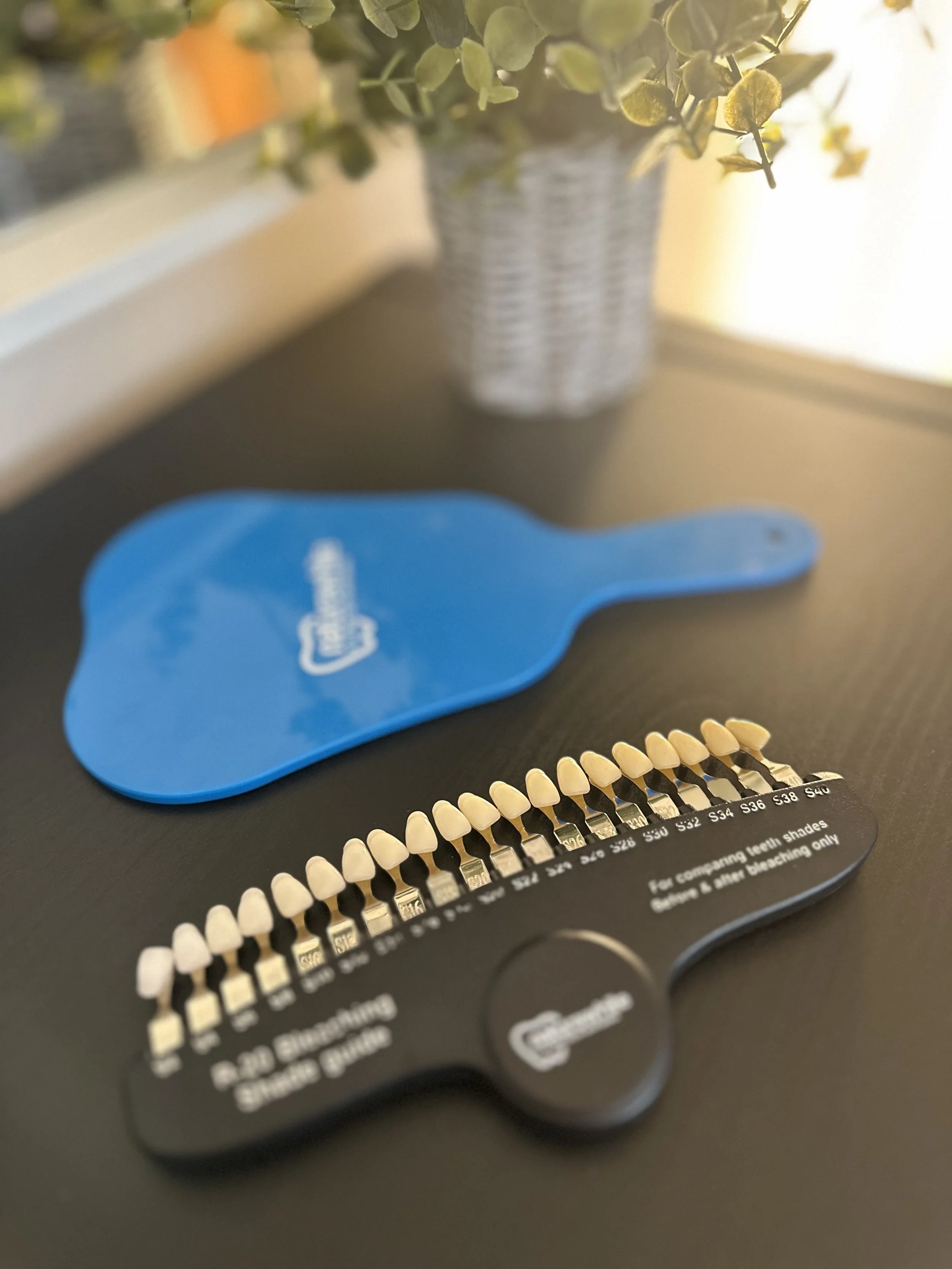 A dental shade guide with various tooth color samples arranged on a black handle, a blue mirror, and a white woven basket with green leaves in a plant in the background.