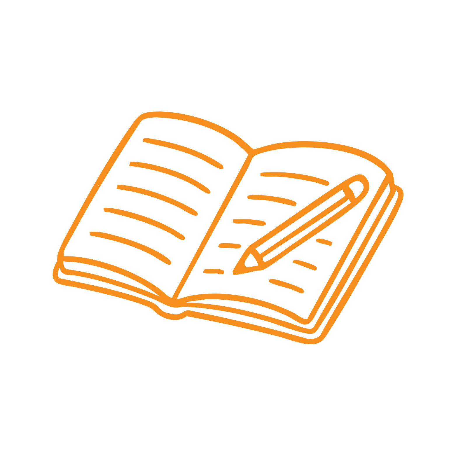 Orange outline drawing of an open book with lines of text and a pencil resting on the pages.