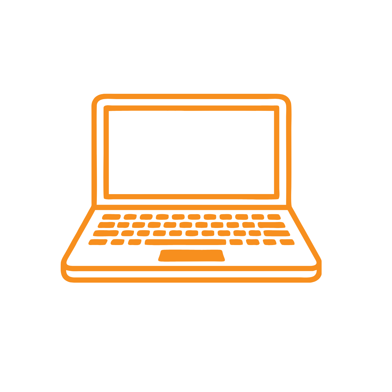 Outline drawing of a laptop computer in orange lines on a black background.