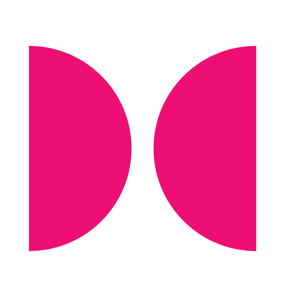 Pink and black geometric design with two large pink semi-circles facing each other on a black background.