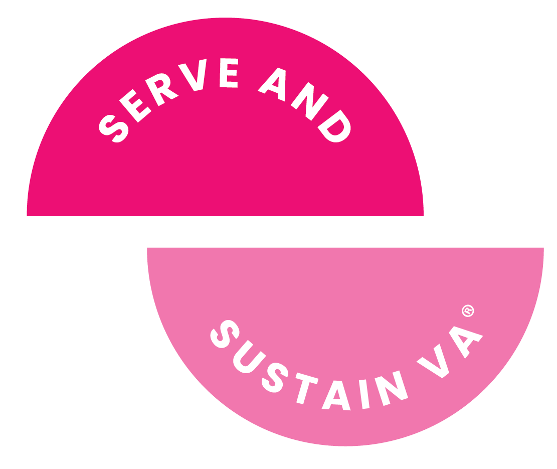 Pink circular logo with the words "SERVE AND SUSTAIN VA" split between two semi-circles.