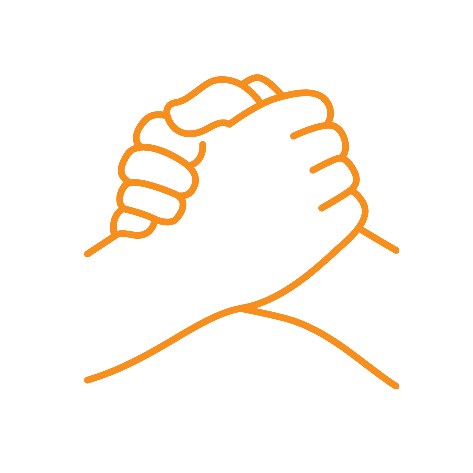 Outline of a hand making a fist inside a glove, drawn with orange lines.