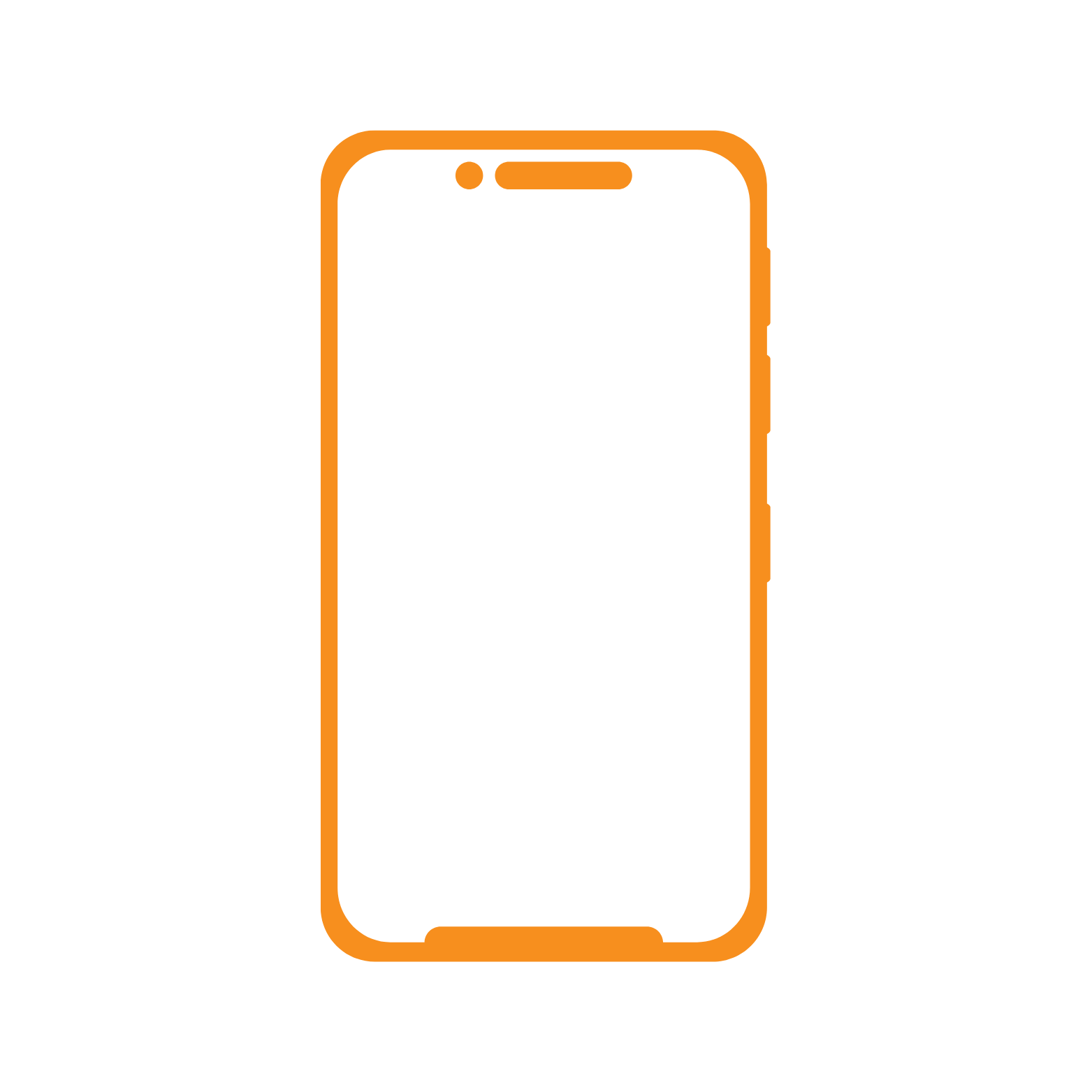 Outline drawing of a smartphone with an orange border on a black background, showing a blank screen.